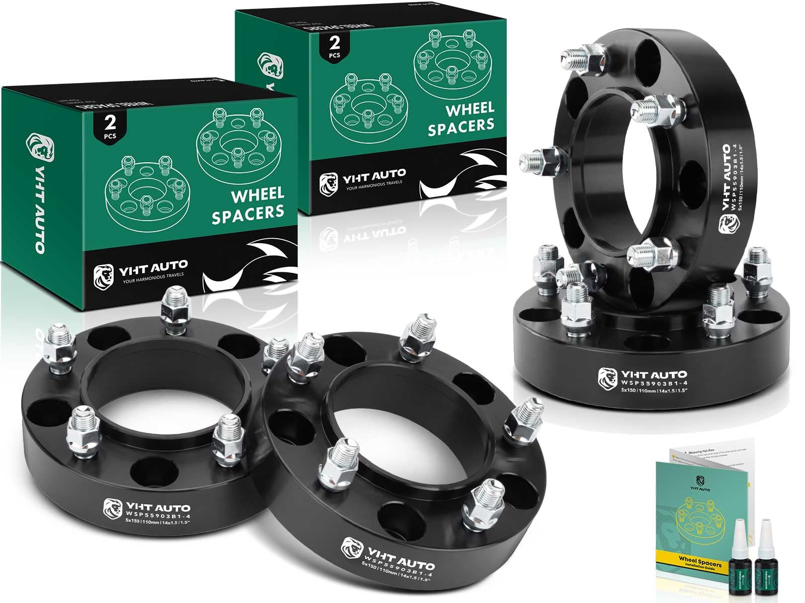 YHTAUTO 5X150mm Hub Centric Wheel Spacers 1.5 inch Compatible with Toyota, Lexus Models, Tundra, Sequoia, LX570 5x5.9 Tire Spacers w/ M14x1.5 Studs, 110mm Hub Bore 5 Lug 4PCS Black Wheel Adapters