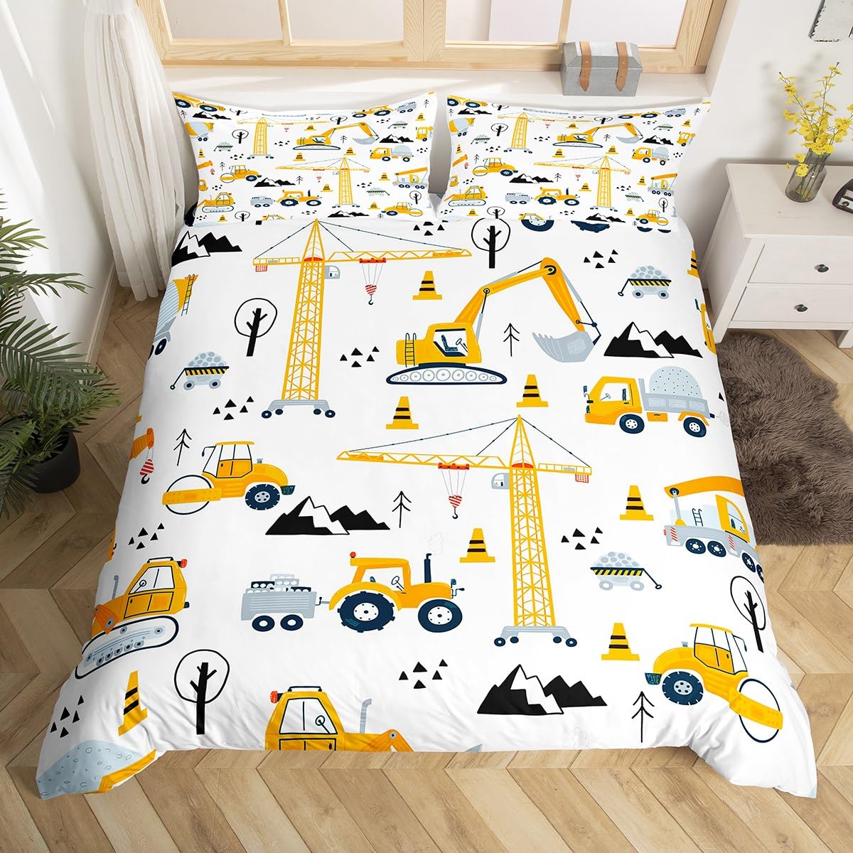 Homemissing Set di biancheria da letto con trattore giallo e escavatore, set di biancheria da letto in microfibra, 2 pezzi, per letto singolo