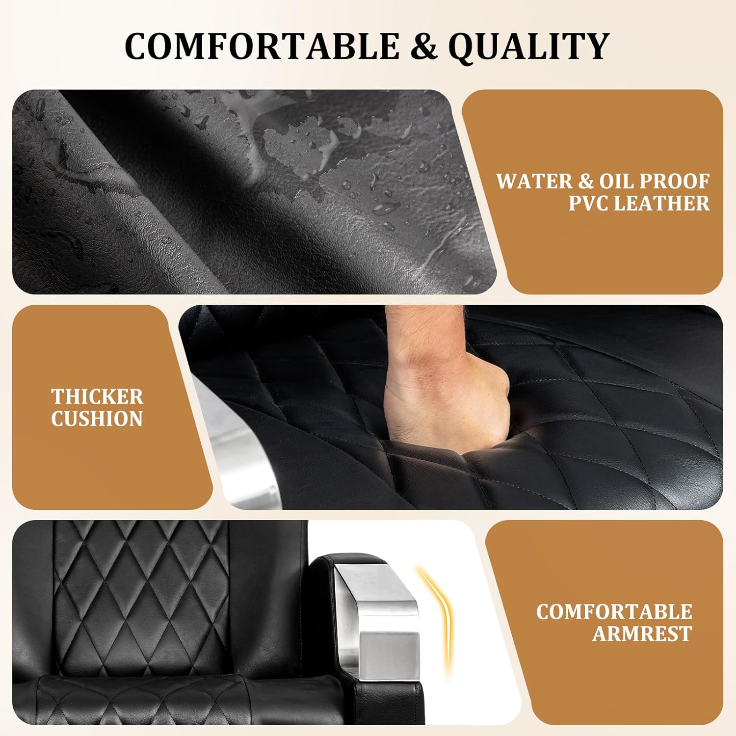 Close-up of the OmySalon Pedicure Chair's waterproof PVC leather, thick cushion, and comfortable armrest