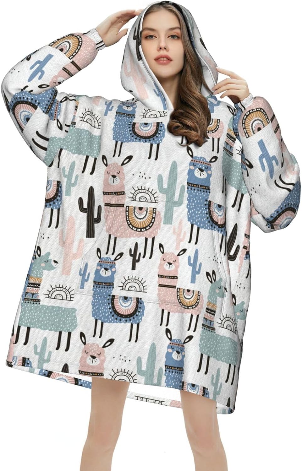 Tropical Cactus Animal Lamaprint Oversized Hoodie Blanket, Super Soft Warm Comfortable Hoodie, Wearable Blanket Adult