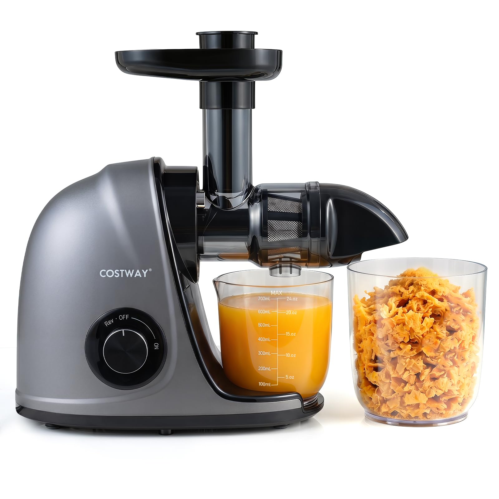 COSTWAY Entsafter Gemüse und Obst, Slow Juicer mit Rückwärts-Kau-Funktion | mit 700 ml Becher & 1,1 L Fruchtfleischbehälter & Reinigungsbürste, kompakte Obstpresse für frische Säfte, Drinks, Silber