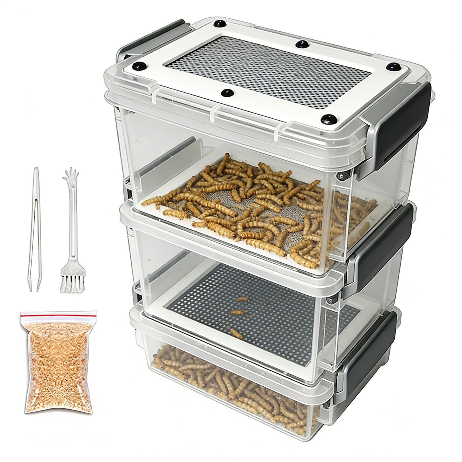 Mealworm Farm Breeding Kit, 3-Layer Clear Mealworm Feeding Box