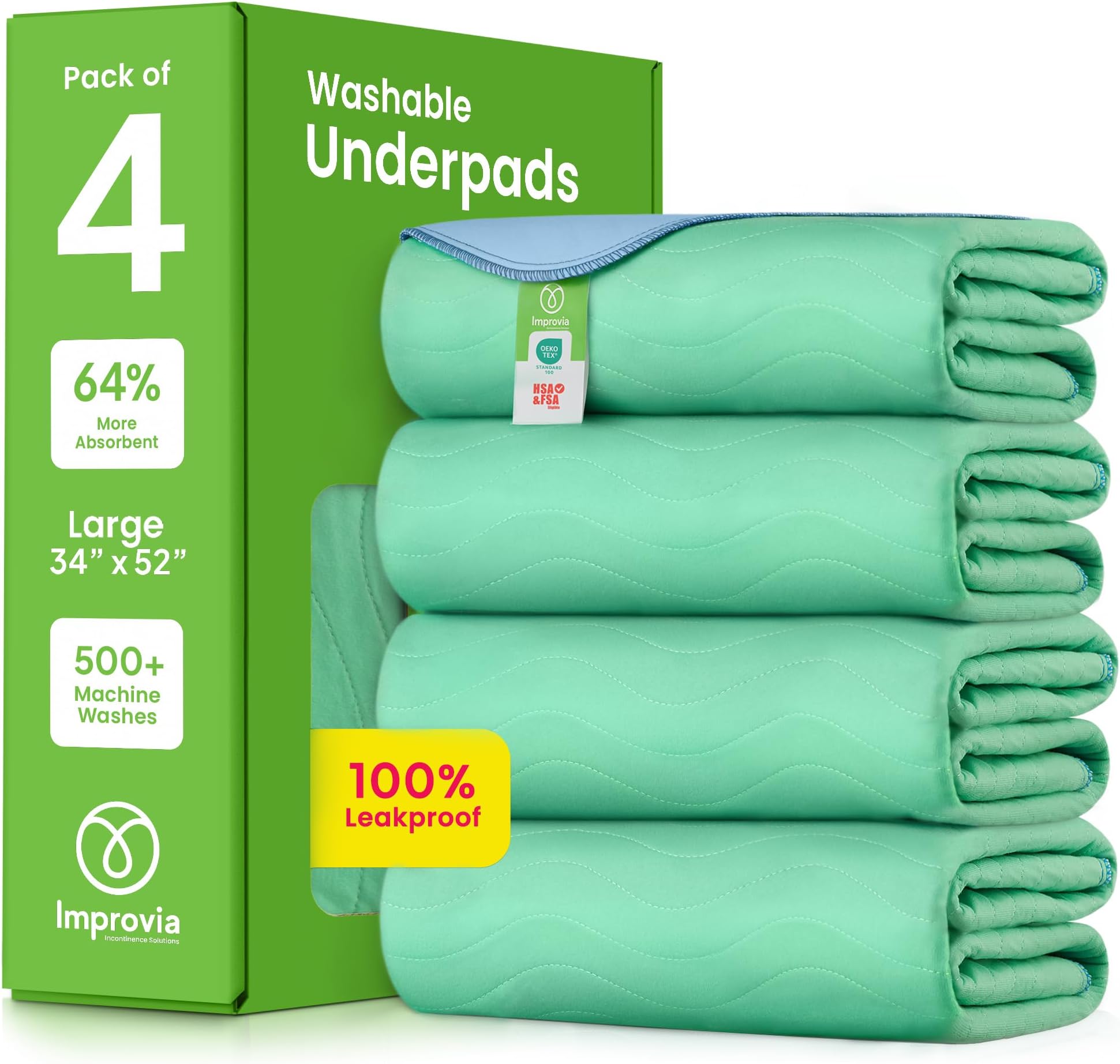 IMPROVIA® Washable Underpads, 34" x 52" (Pack of 4) - Heavy Absorbency Reusable Incontinence Pads for Kids, Adults, Elderly, and Pets - Waterproof Protective Pad for Bed, Couch, Sofa, Furniture, Floor