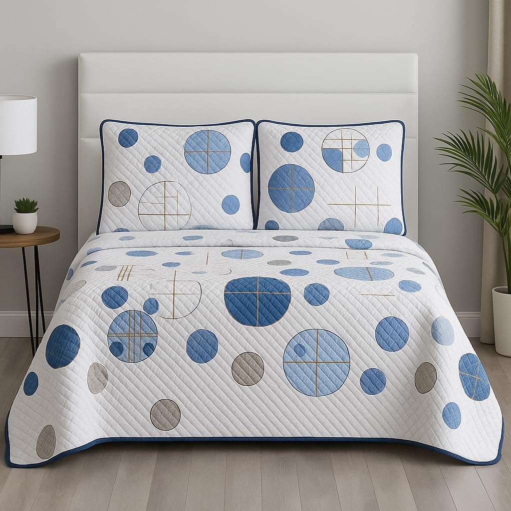 DBOZE Reversible Cotton Blend 3-Piece Embroidery Pattern Elegant Bedding Quilt Set with Embroidered Decorative Shams Soft Bedspread & Coverlet Set (Blue/White, Queen)