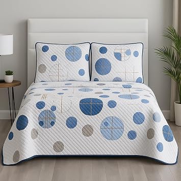 DBOZE Reversible Cotton Blend 3-Piece Embroidered Quilt Set with Decorative Shams Soft, Elegant Bedspread & Coverlet Blue/White, California King
