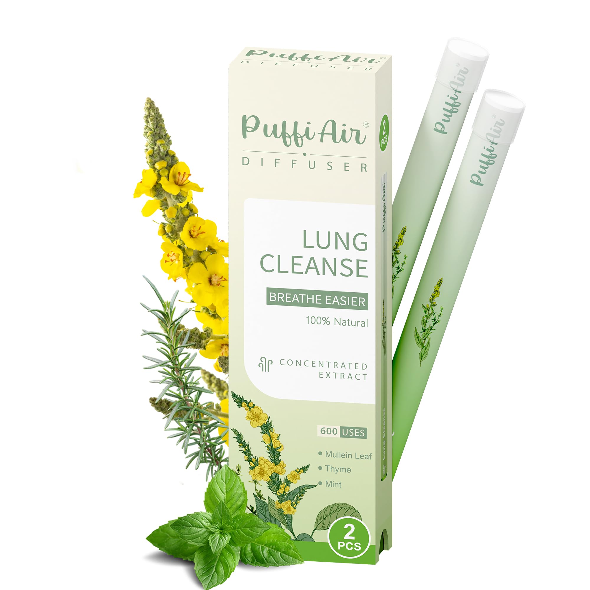 Herbal Diffuser Pen, Lung Cleanse Diffuser with Mullein, Thyme &amp; Mint for Better Breathing, All Natural Swap - 600 Uses, 2 Diffusers, 1 Pack