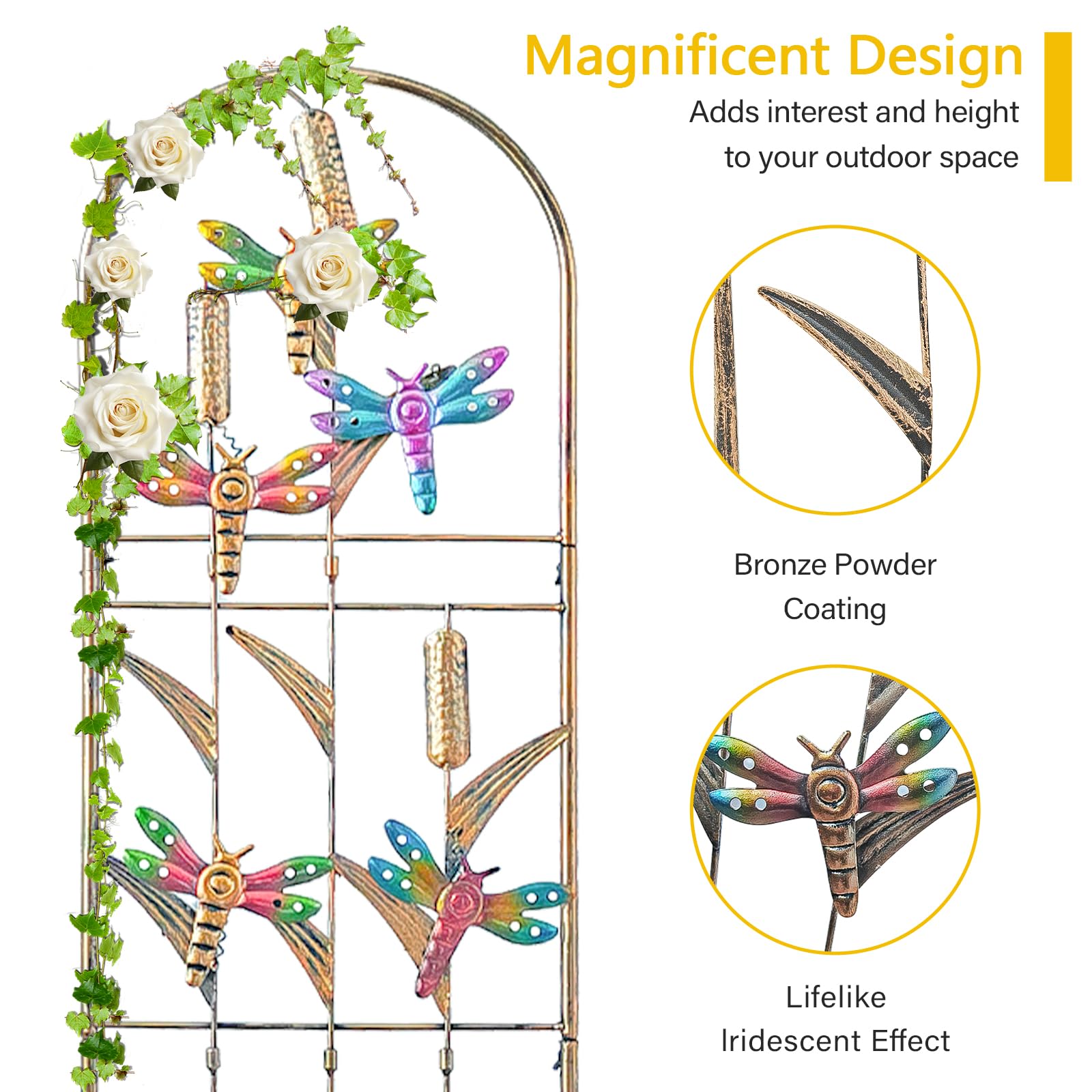 aboxoo Set di 2 graticci da giardino in metallo a forma di libellula per piante rampicanti, fiori decorativi per esterni, per patio, giardino, prato, cortile, cortile, staffe da parete, 152 cm di