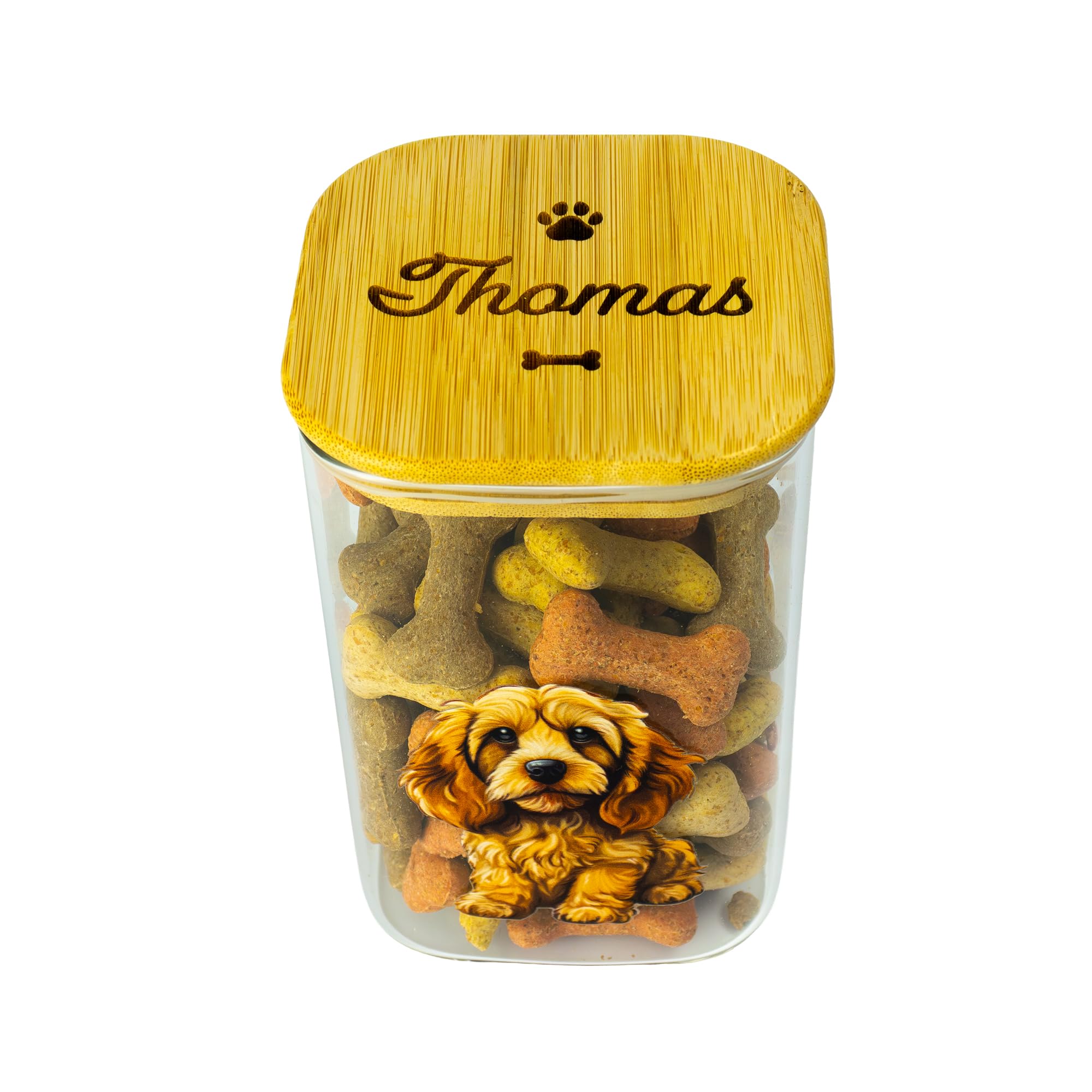 Belvedere Collections Personalised Cockapoo food treat jar | Borosilicate glass with bamboo lid | Gift for new Doodle mix dog owners | Labradoodle Cavapoo