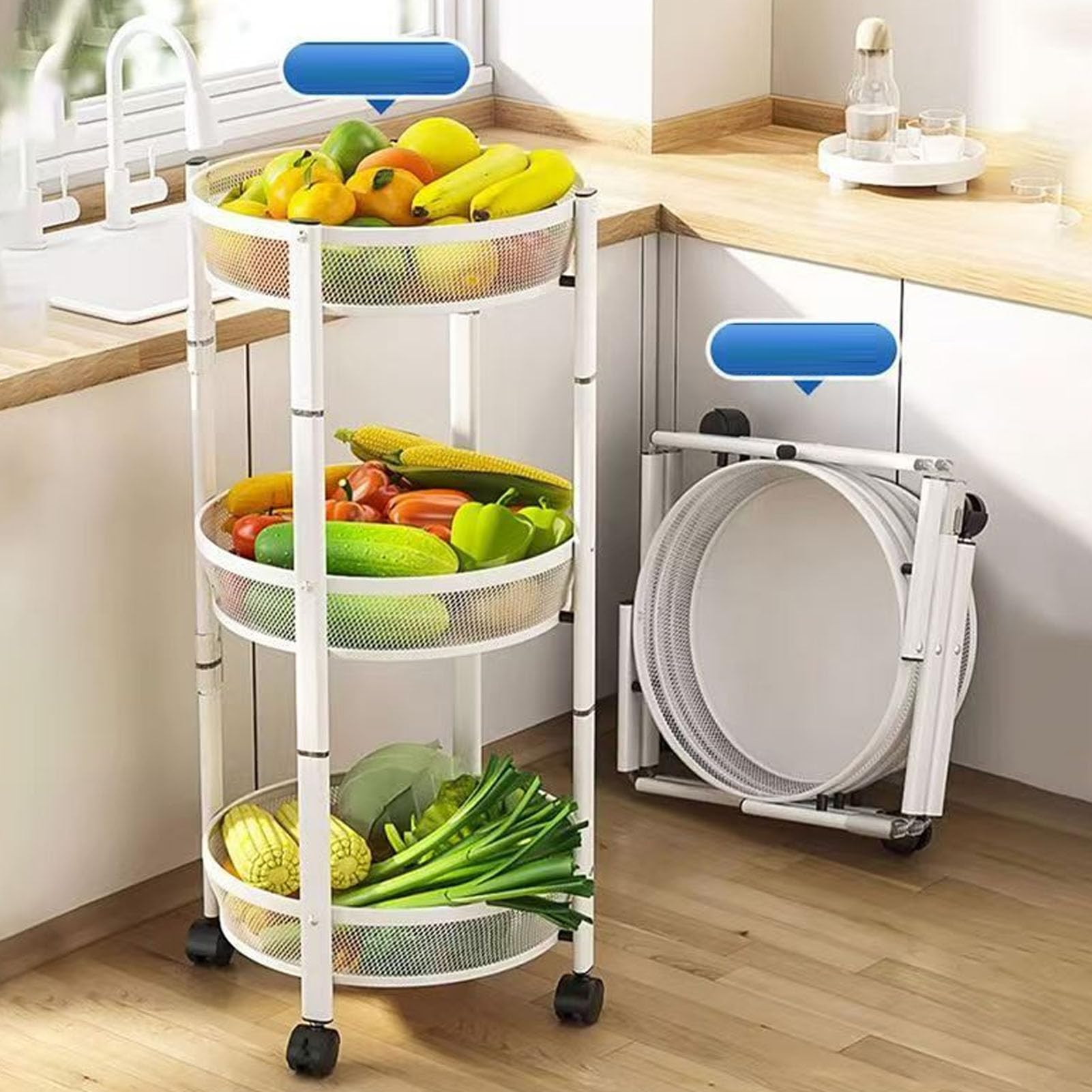 Carro Utilitario de Metal de 3 Niveles, Organizador Rodante Resistente para Cocina y Despensa, Ahorro de Espacio, Acero Al Carbono, Plegable, 1 Unidad (Blanco Crema)