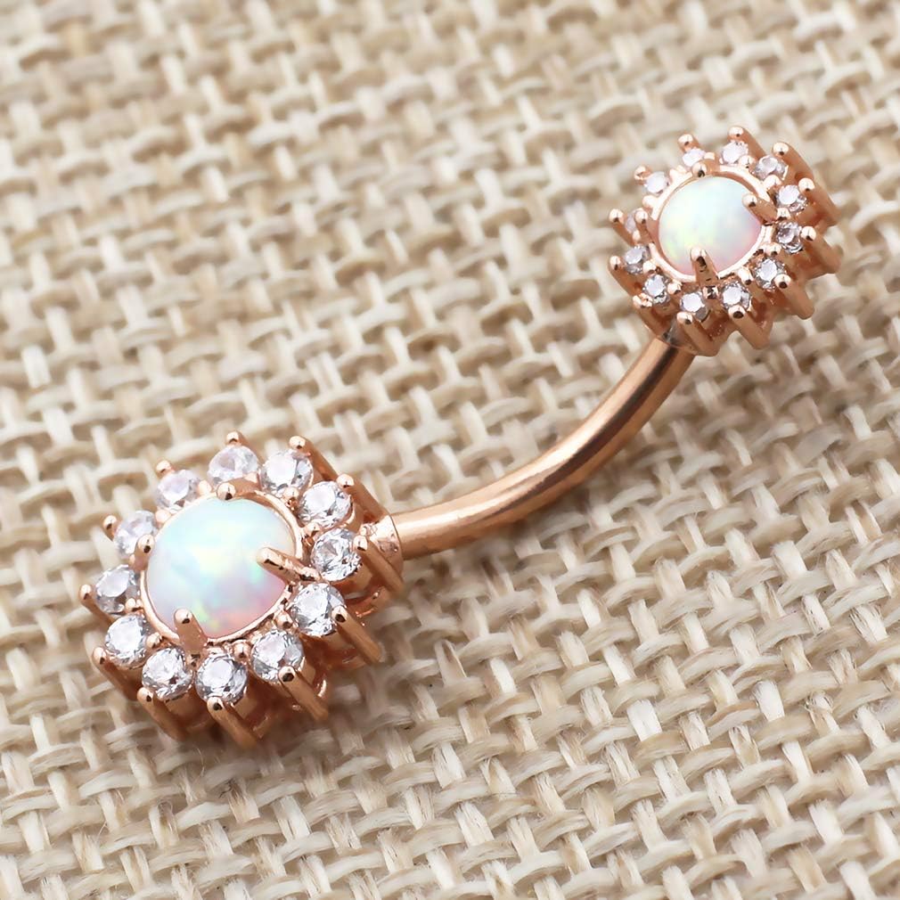 Excepro Belly Rings 316L Surgical SS 14G White Blue Sun Flower CZ Opal Body Jewelry Shiny Belly Button Rings - Image 4