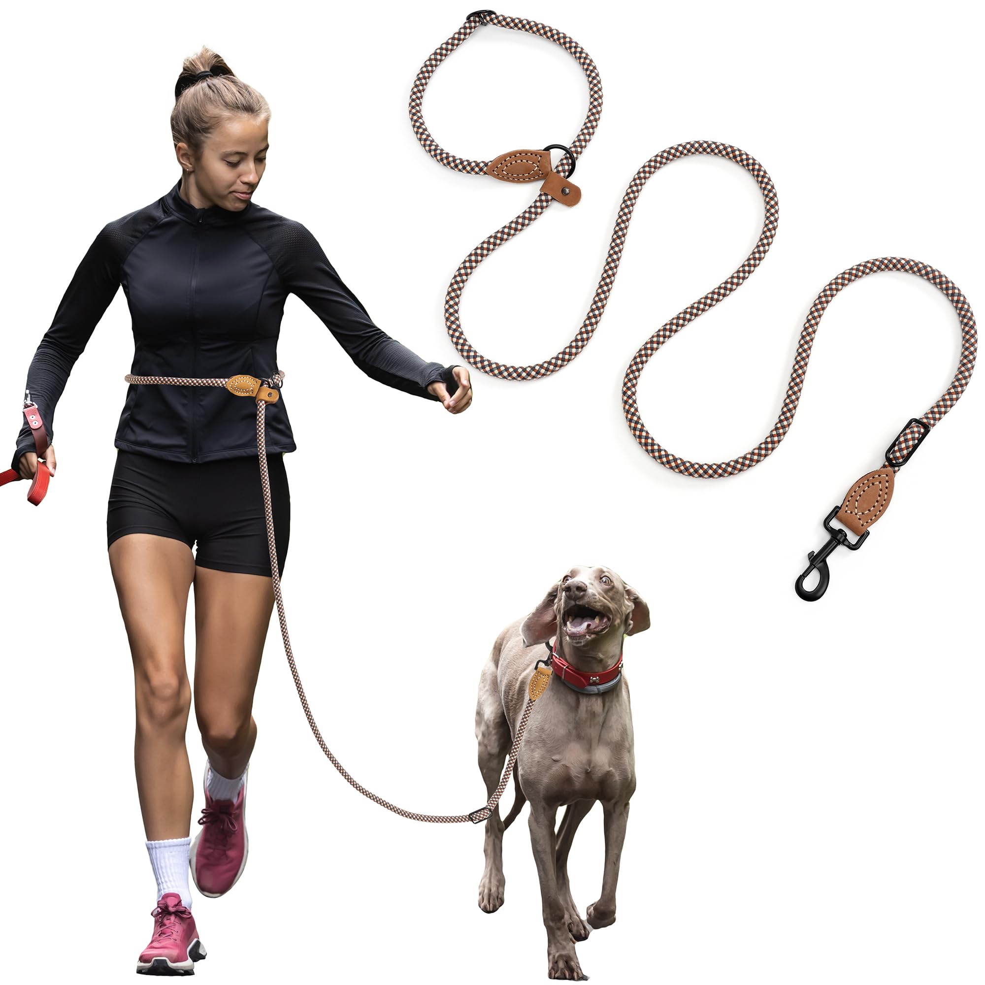 Mile High Life Hands Free Dog Leash, Crossbody Waist Leash with Genuine Leather Connection, Multifunctional Adjustable Slip Lead for Dog Walking