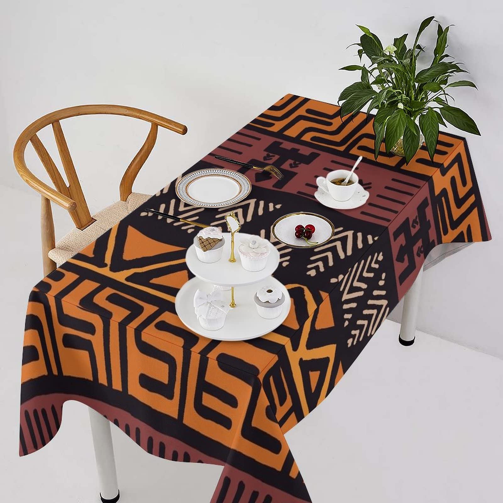 African Mud Cloth Tablecloth, Tribal Design Ethnic Colorful Bohemian Pattern with Geometric Elements Table Cover, Water Resistant Wipeable Tablecloths for Kitchen Dinning Room Decor 55"x55"