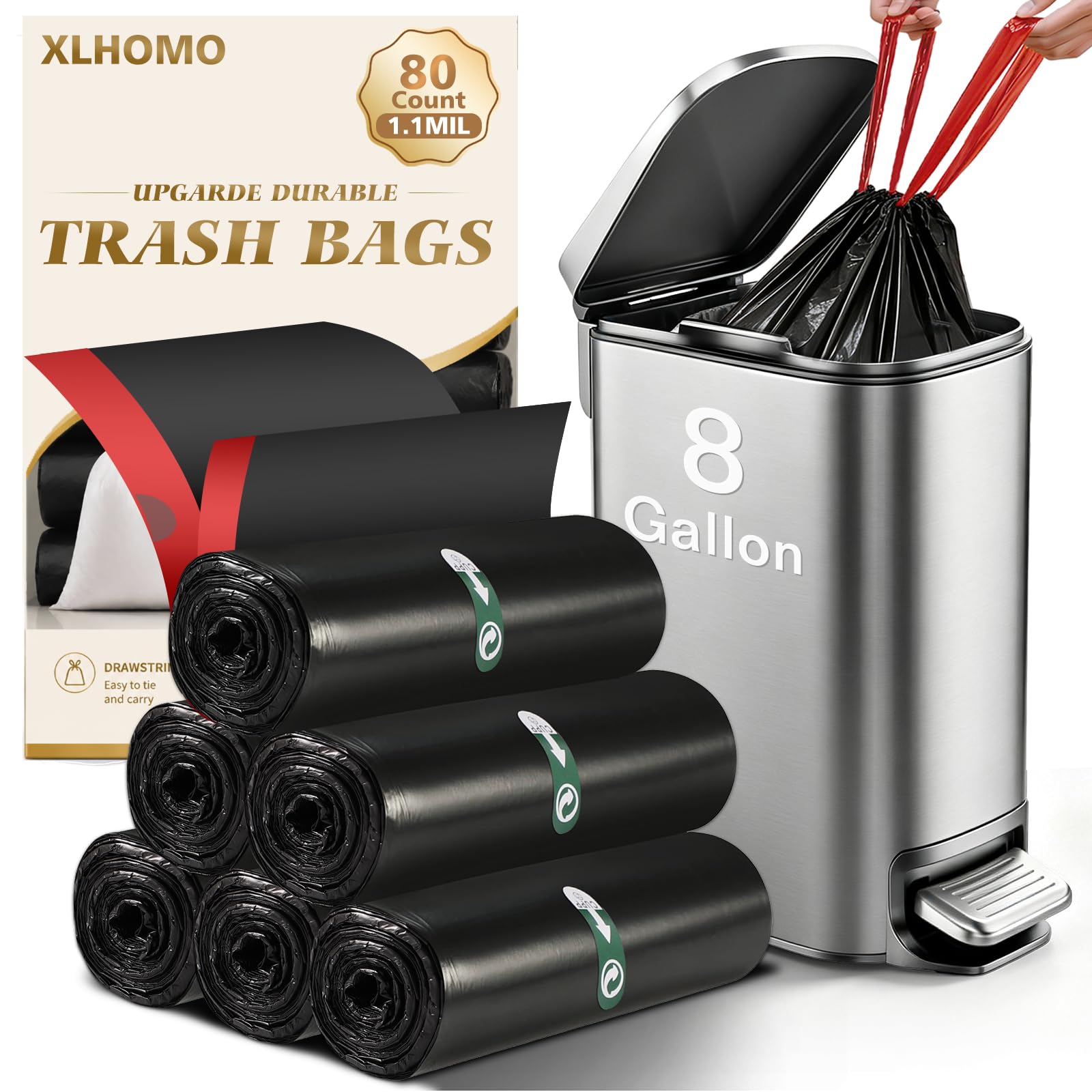 8 Gallon Trash Bag Black Drawstring, 80 Count Heavy Duty Pre-separated Garbage Bags, Thick Trash Bin Liners for Bathroom, Kitchen, Bedroom, Office