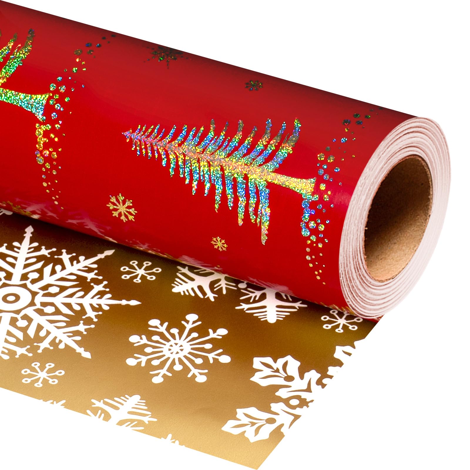 Wikadlik Christmas Tree Wrapping Paper - 43cm x 10m Gold Foil Pine Tree & Snowflake Reversible Luxury Red Gift Wrap Mini Roll โ image 1