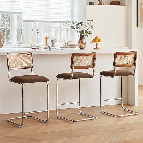 Natural Rattan Counter Height Stools Set of 3 with Solid Wood Back, 24 Inch Mid Century Modern Cesca Bar Stools, Brown Upholstery Boho Stool for Kitchen Counter with Chrome Metal Legs