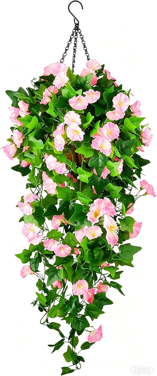 Artificial Fake Hanging Flowers Plants Basket for Spring Outdoor Outside Decoration, UV Resistant Faux Plastic Fabric Flower Morning Glory Wisteria Petunia for Garden Porch Patio Balcony Yard Decor