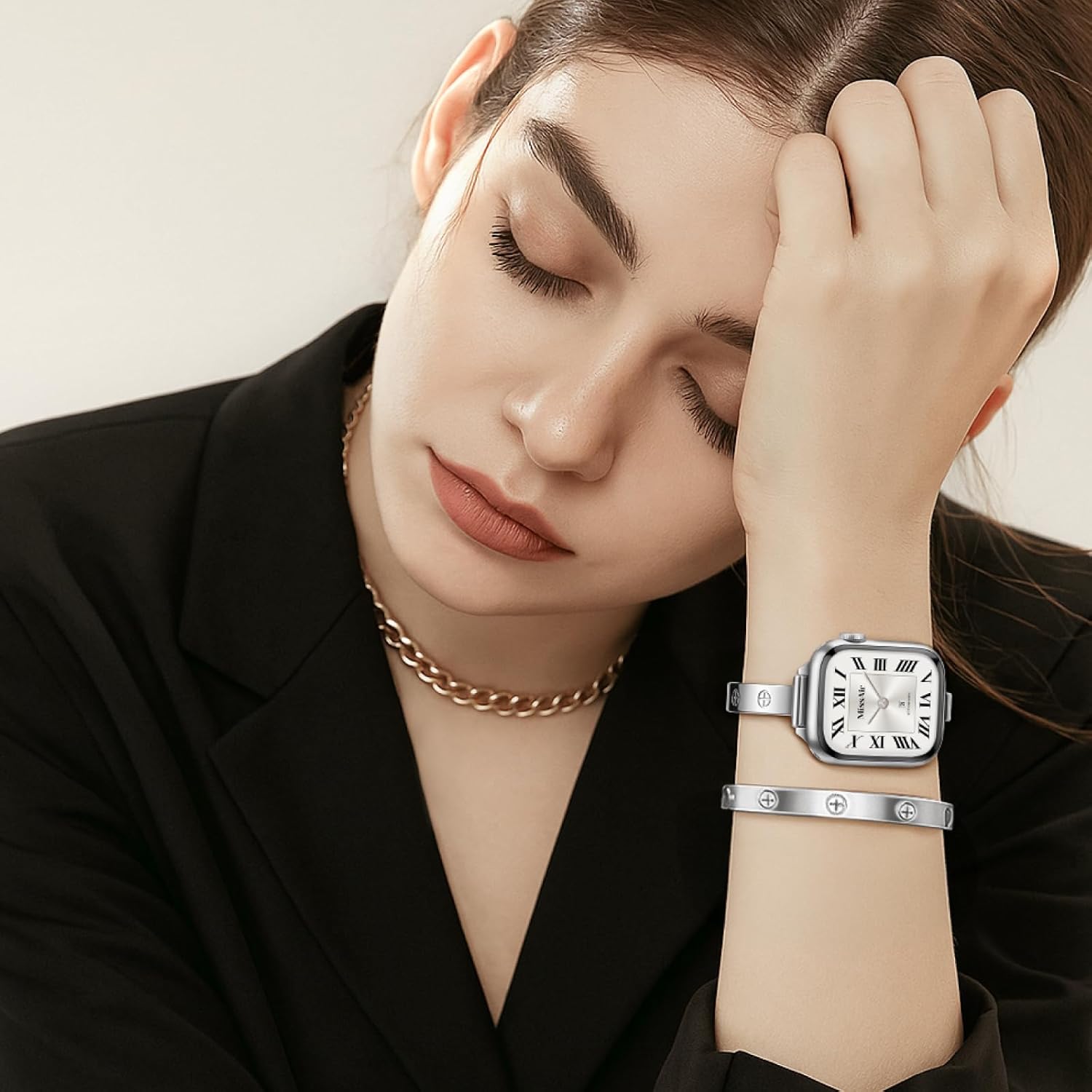 Missair Slim Elegance Bands Compatible with Apple Watch 40mm 41mm 44mm 45mm for Women, Double-Row Crystal Case Included, Delicate Stainless Steel Metal Strap for iWatch Series 9 8 7 6 5 4 - Image 5