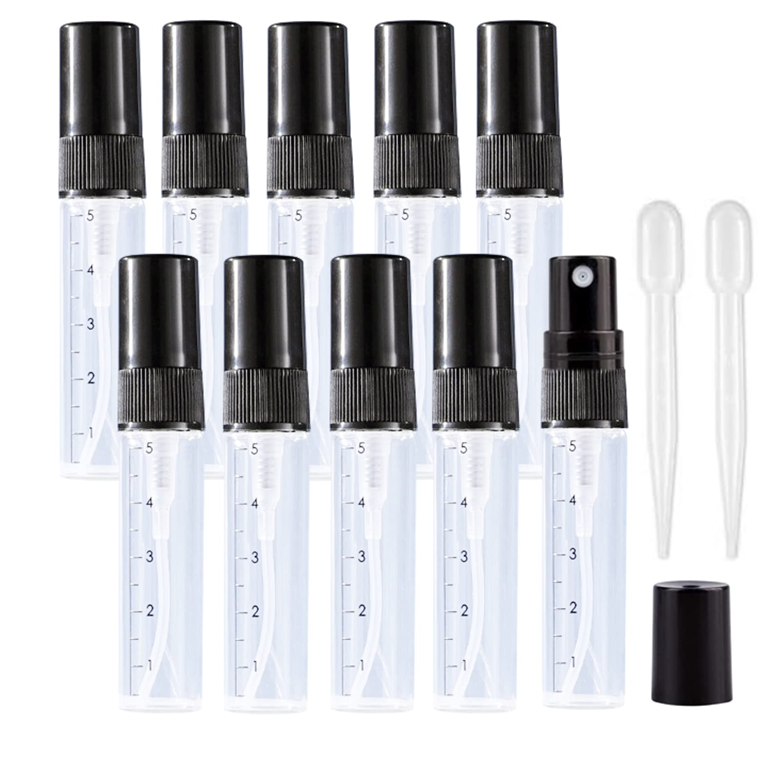 Apstaqeoo 10Pcs, 5Ml Empty Glass Spray Bottles with Scale - Clear Mini Sample Perfume Atomizer Vial Travel Bottles Set with Fine Mist Sprayer & Black Dust Cap Perfect for Fragrance, Essential Oils