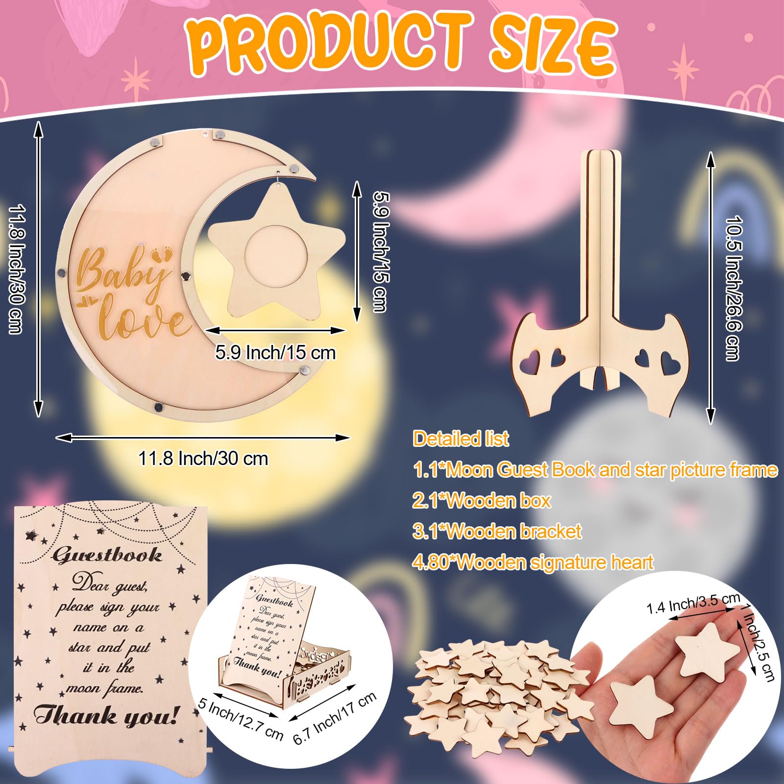 PIAOPIAONIU 83 Pcs Moon Baby Shower Decorations Guest Book Alternatives with Star Photo Frame Wooden Sign in Guest Book Heart Sign for Wedding Boys Girls Birthday Parties Keepsakes 12Inch