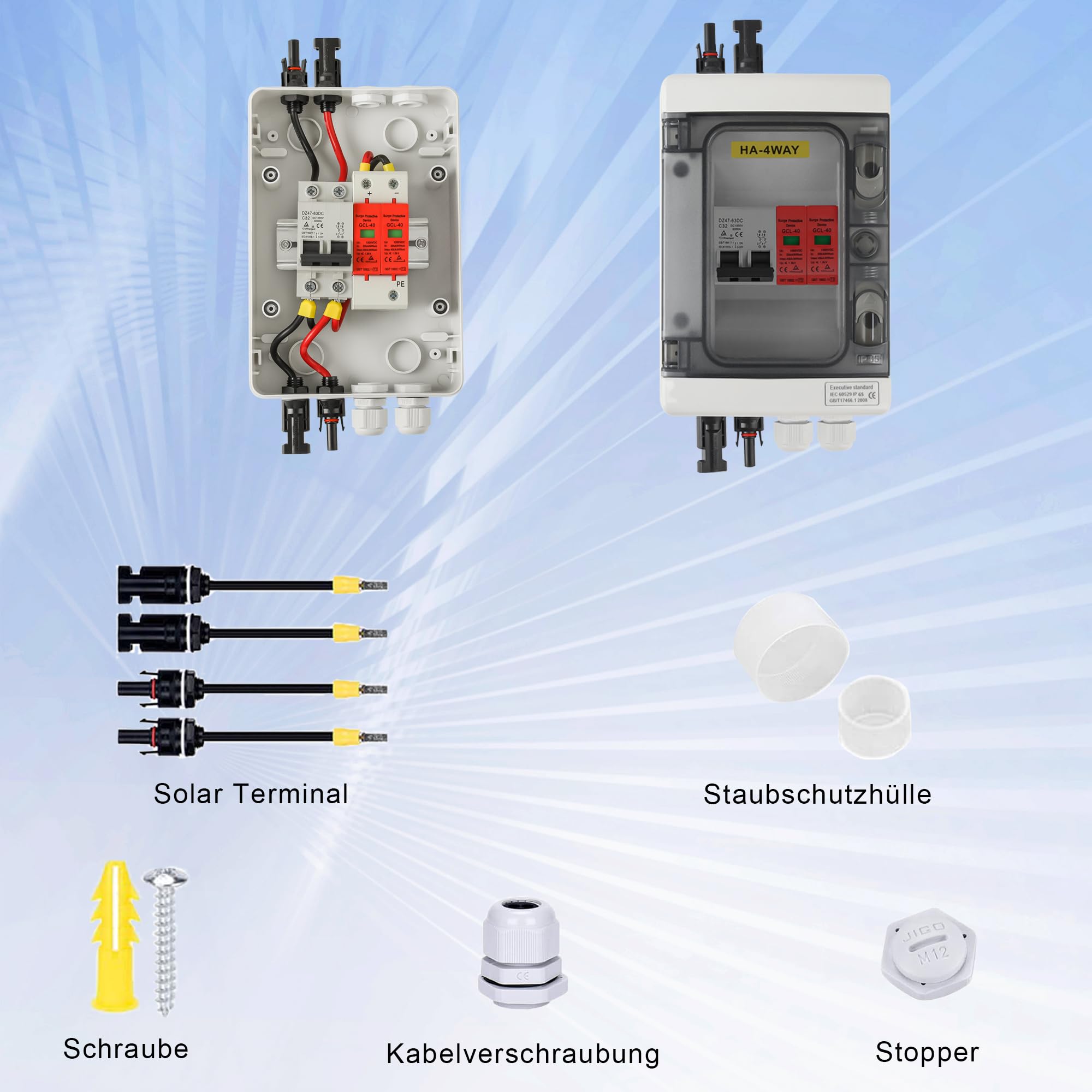 Warmfay Überspannungsschutz PV Solar Trennschalter Blitzschutz DC Leitungsschutzschalter 1000V DC 32A, PV Anschlusskasten 1 String 4 Module(1 In 1 Out) für PV Anlage Photovoltaik IP65 Wasserdichtes