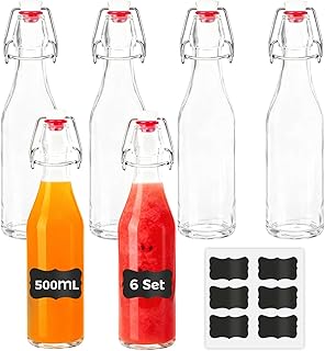 6er Set Glasflaschen 500ml mit Bügelverschluss, Bügelflaschen Zum Befüllen, Flaschen mit 6 Etiketten, Abfüllflaschen für Öl, Essig, Likör, Saft, Sirup
