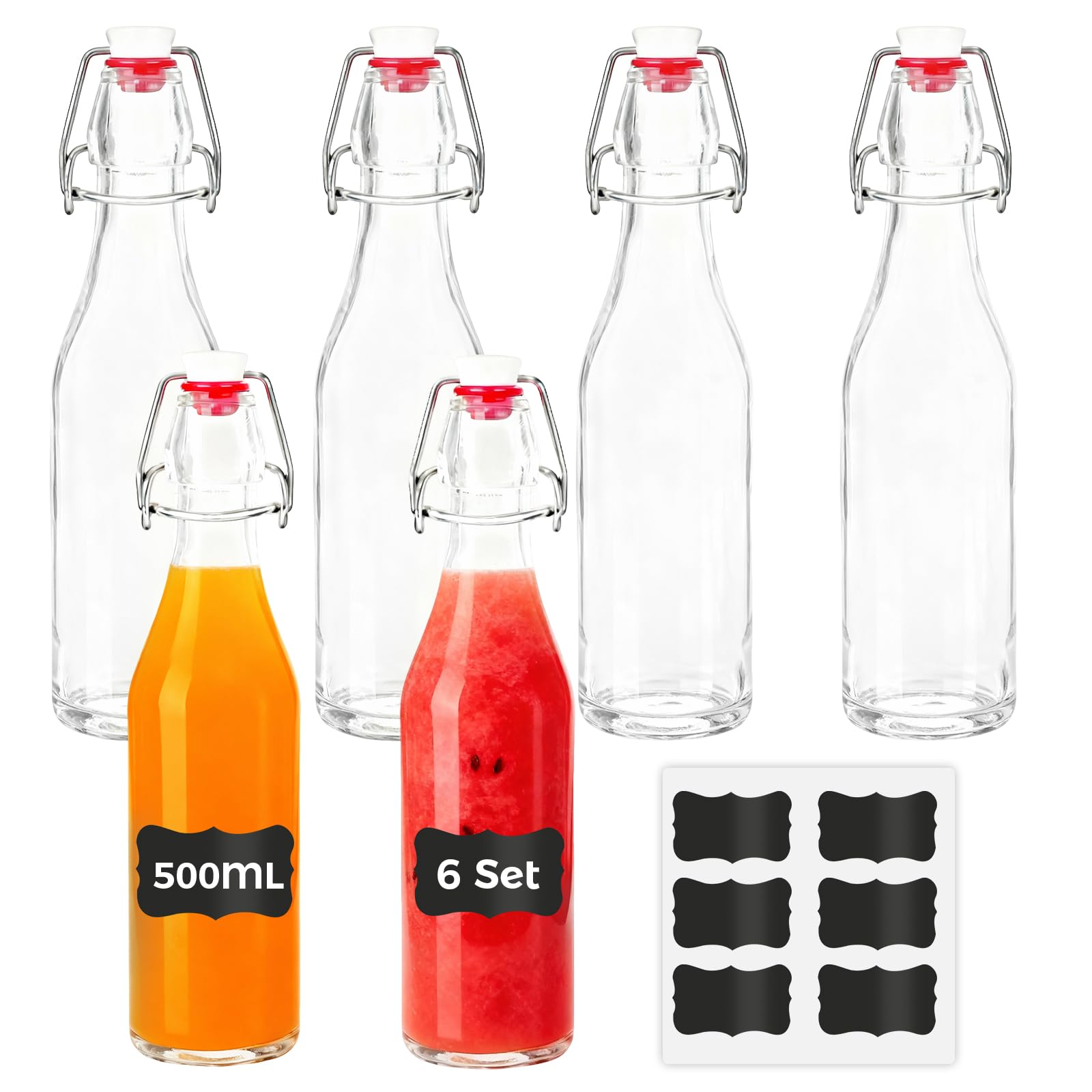 Juego de 6 Botellas de Cristal 500 ml con Tapón Hermético y Etiquetas para Bebidas