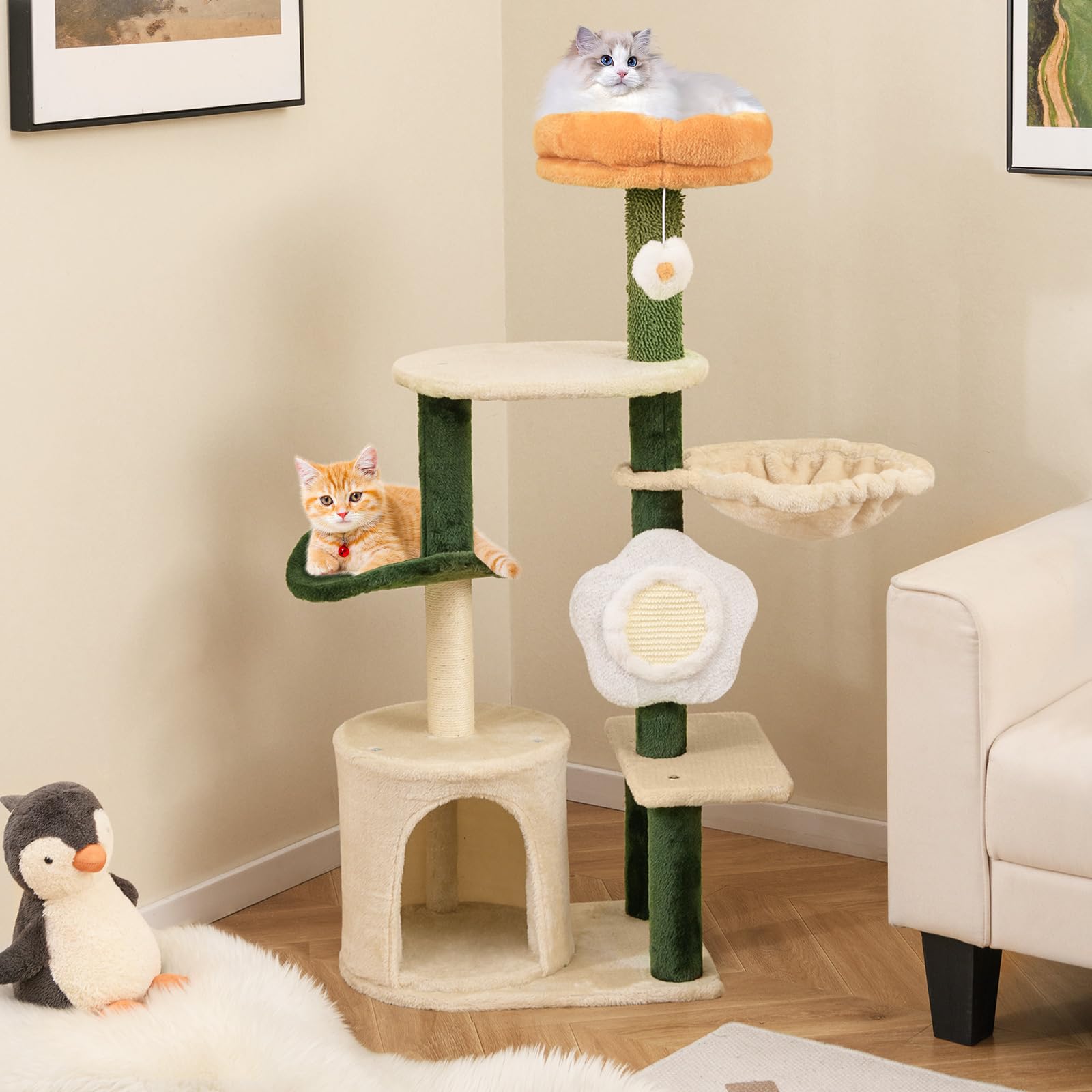 Tangkula Flower Cat Tree, Cute Cat Tower with Plush Top Perch, Cozy Condo, Sisal Scratching Post & Board, Dangling Ball, Curved Platform, Hammock, Floral Cat Tree for Indoor Cats