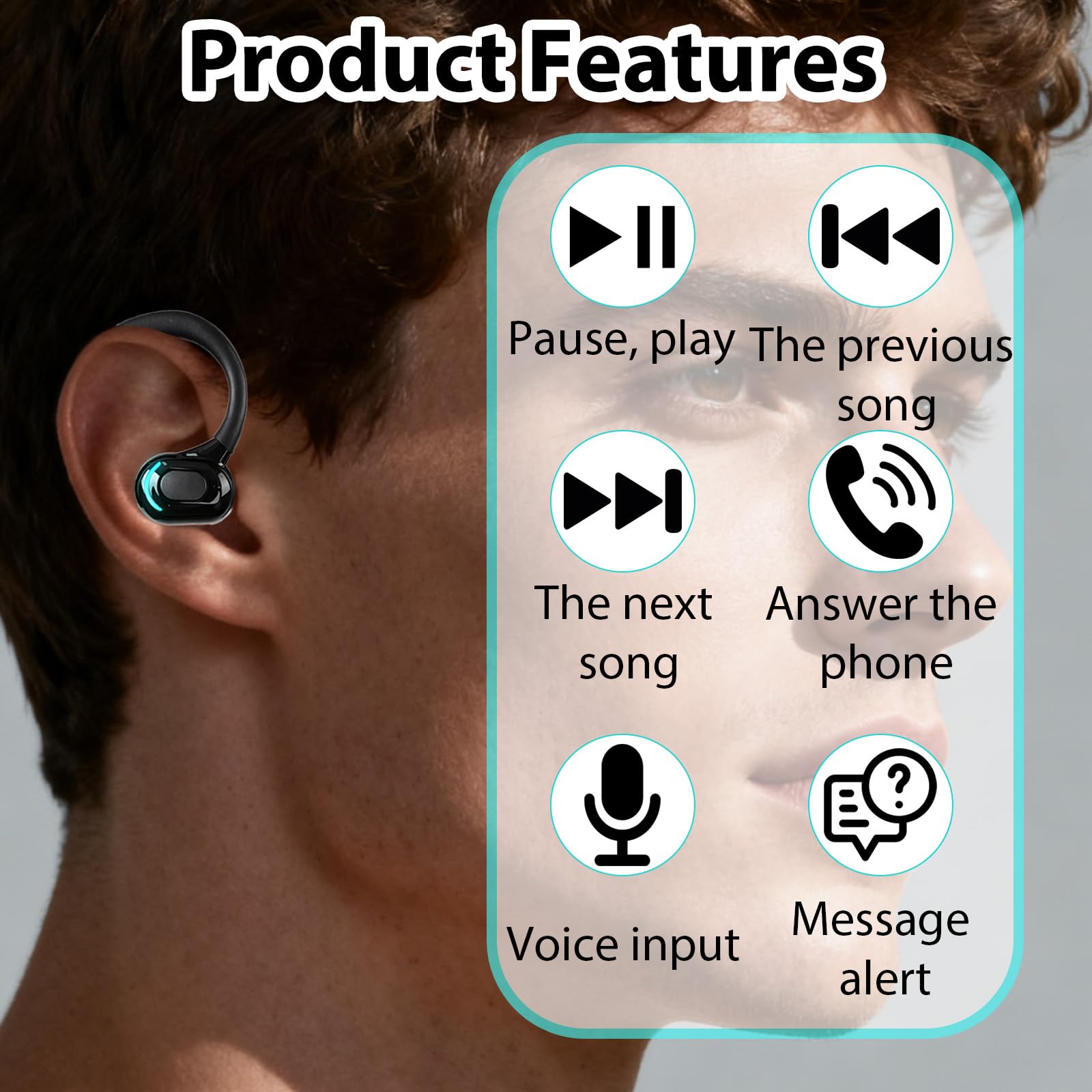 Oreillette Bluetooth sans Fil V5.2, Écouteur Mono Tour d'oreille 360° avec Micro Intégré, Main Libre Bluetooth 20h de Lecture pour iPhone Android PC Bureau Conduite Affaires Sport