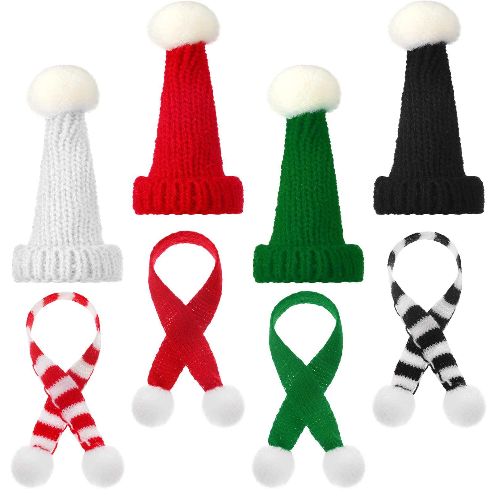 Geyoga 8 Pcs Mini Santa Hats and Scarves Decor Doll Christmas Accessories Small Gnome Hat for Craft DIY for Wine Bottle Gifts(Red, Black, White, Green,Chic)