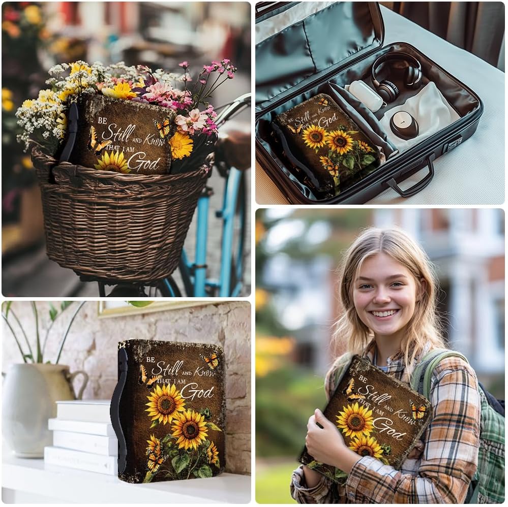 Bible Cover PU Leather Bible Case with Bookmark Sunflower Butterfly Bible Carrying Case for Women Men Christian Bible Note Books Carrying Accessories 20.5x28x5.5cm