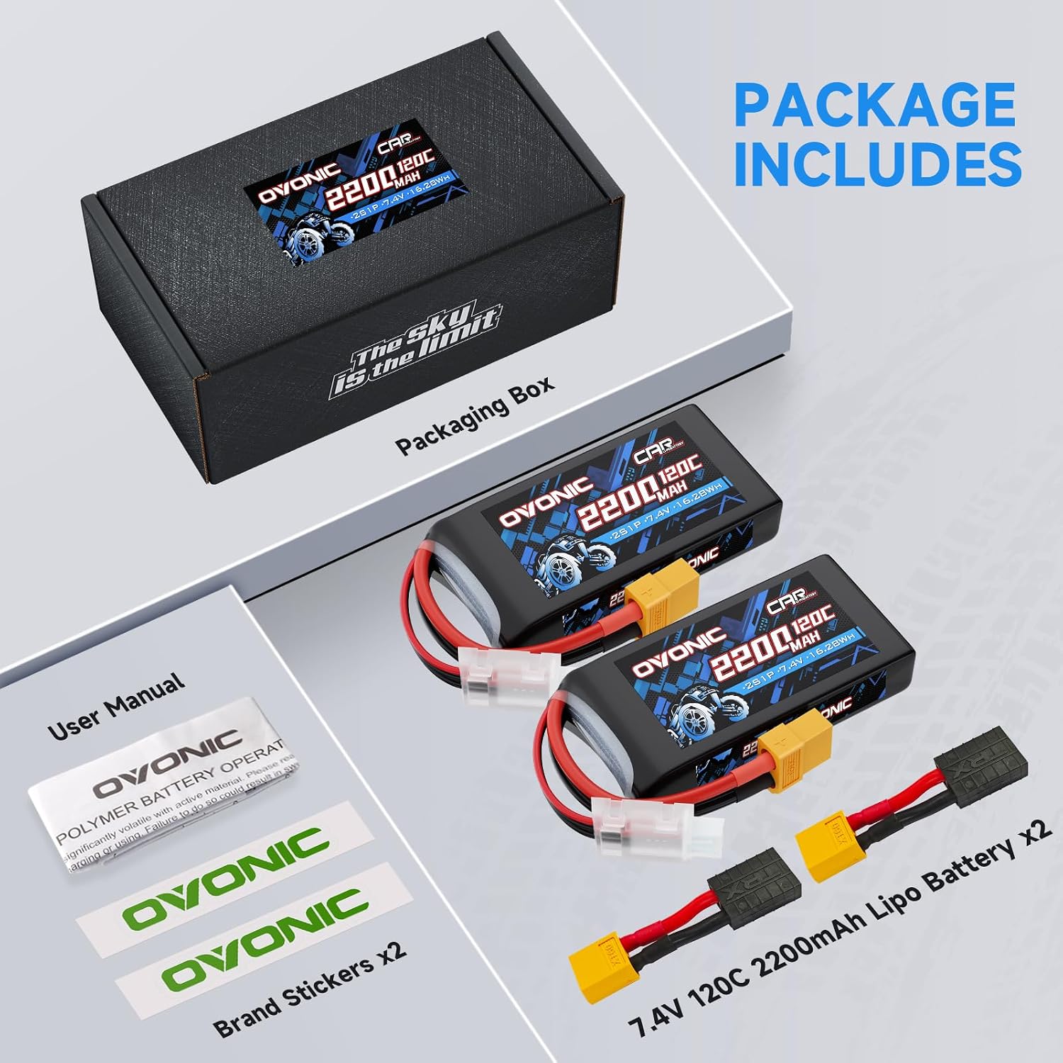 OVONIC 2S Lipo Battery 7.4V 2200mAh 120C with XT60 to TRA Connector for RC Car Truck Vehicles Boat Drone Airplane Quadcopter Helicopter FPV Racing Hobby Models Pro Truck Boat Jet Basher 2 Batteries