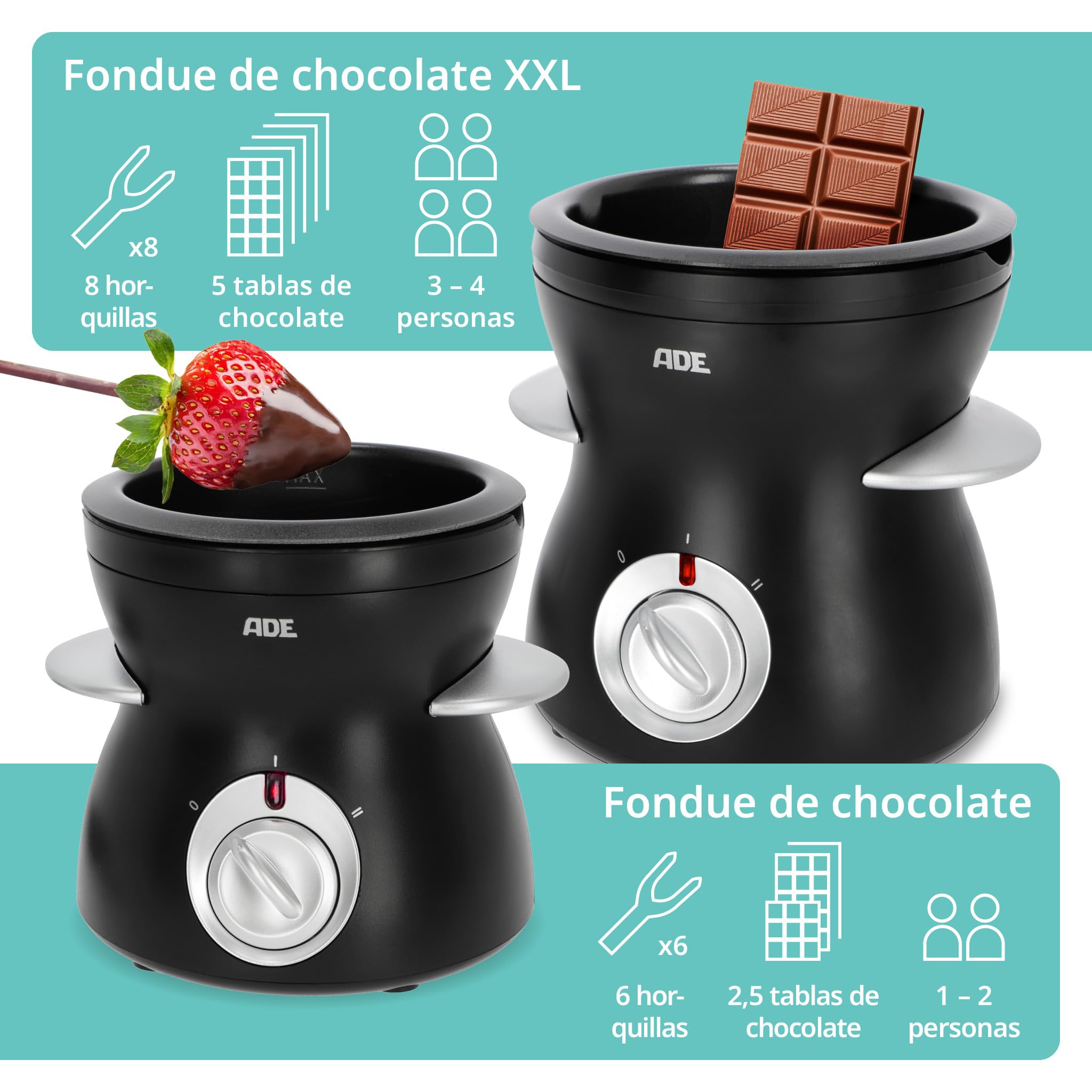 ADE Fondue eléctrica de chocolate con 2 niveles de temperatura | Fuente de chocolate con 8 tenedores | Chocolatera con recipiente extraíble con revestimiento de teflón | capacidad de 500 ml
