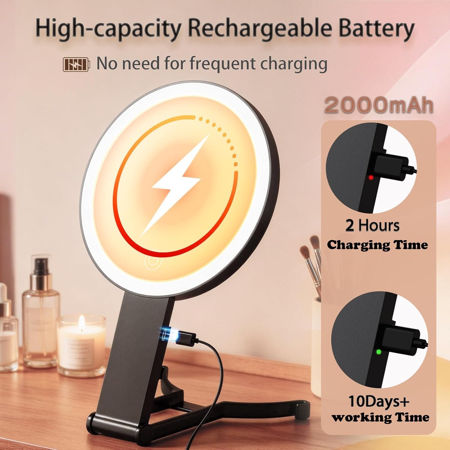 Travel Makeup Mirror with Lights & Foldable Stand, 6" Double Sided 1X/40X Magnifying Portable Lighted Hand Mirror for Men Women, 1X Full Face & 40X POWERFUL Magnification Only for Details Checking