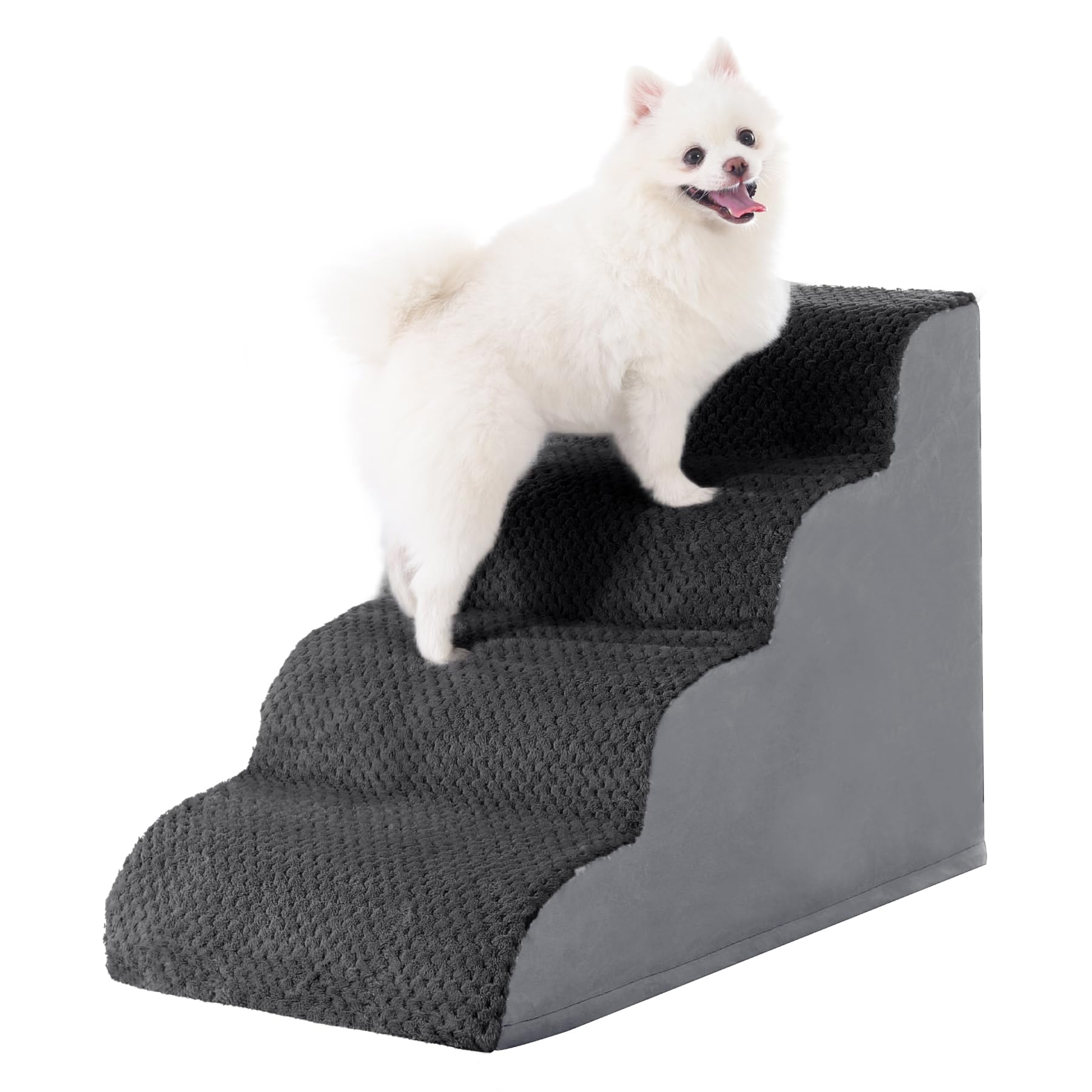 Dog Stairs Ramp, Curved 4-Step Dog Steps for Small Dogs and Cats, Pet Stairs for High Beds and Couch with Anti-Slip Washable Cover and Durable High Density Foam, Dark Grey