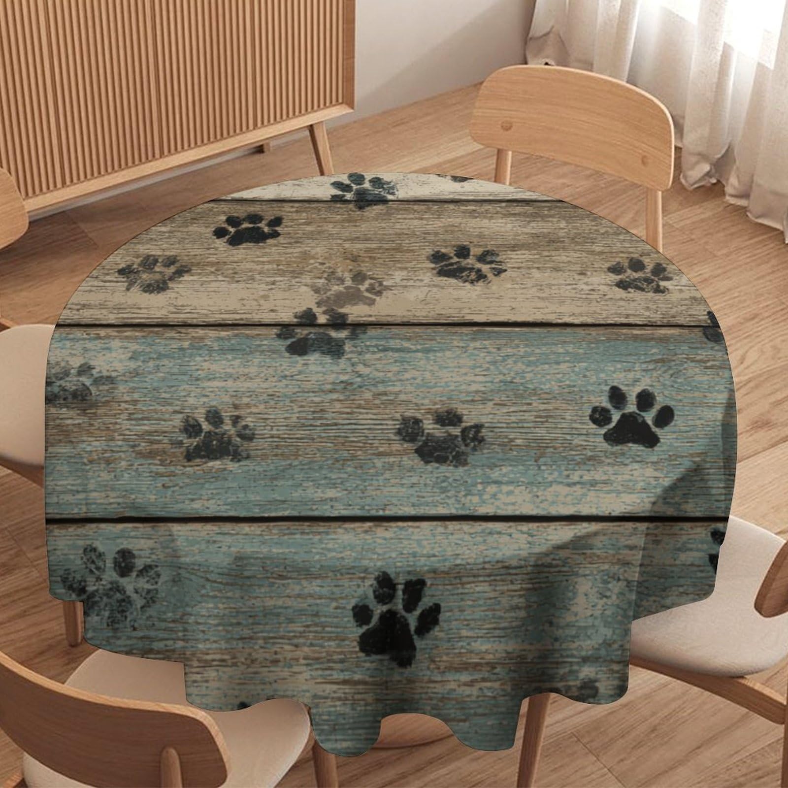 LUYYSKY Classic Abstract Paw Print Waterproof Round Tablecloth Funny Watercolor Wooden Board Animal Paw Prints Washable Table Cover for Kitchen-127 Wx127 L cm
