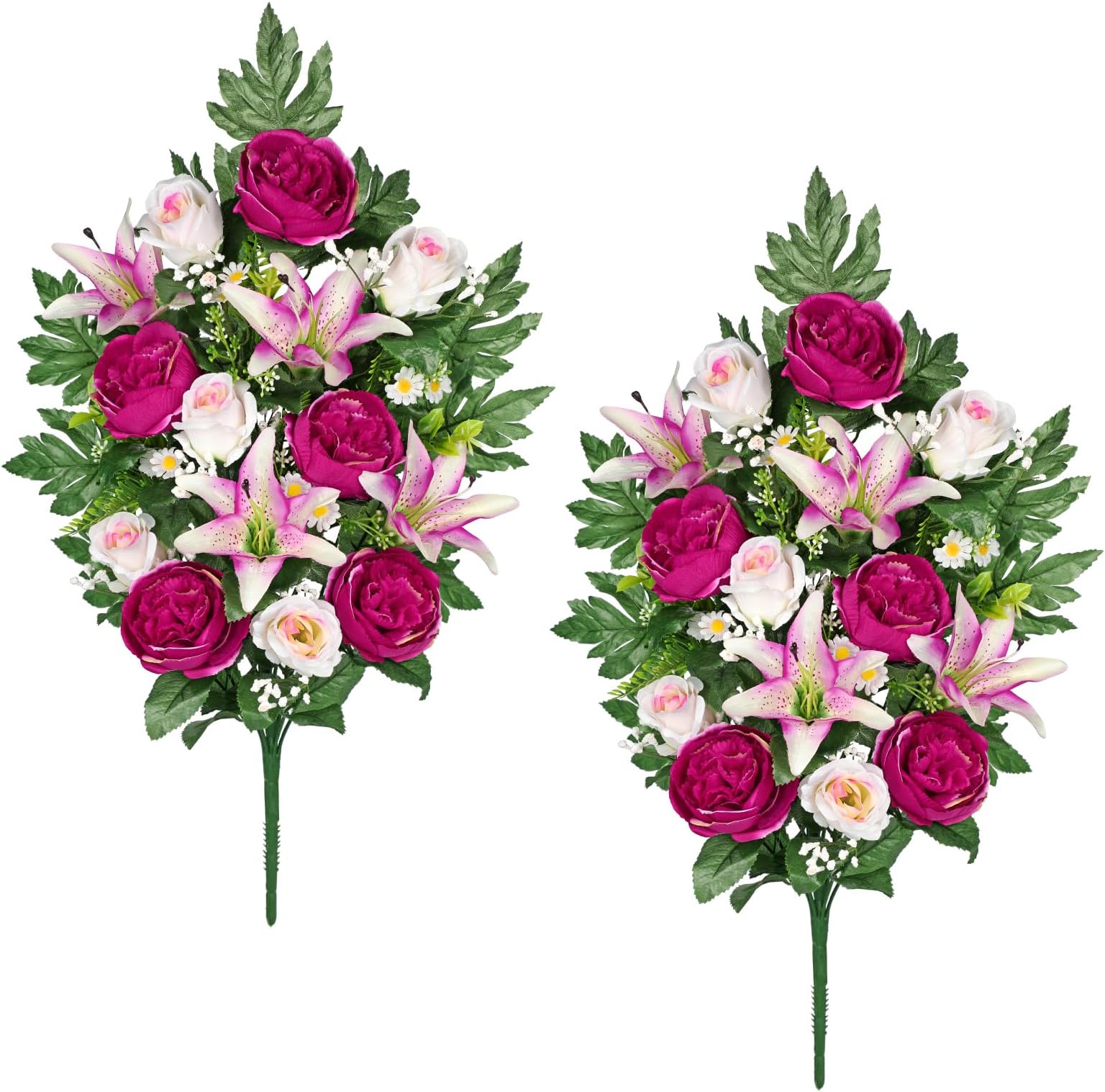 Briful2 Set Artificial Cemetery Flowers for Grave, Silk Sympathy Grave Flowers Bouquet Fake Rose Peony Lily Floral Arrangement for Outdoor Vase Funeral Memorial Mother’s Day Decor