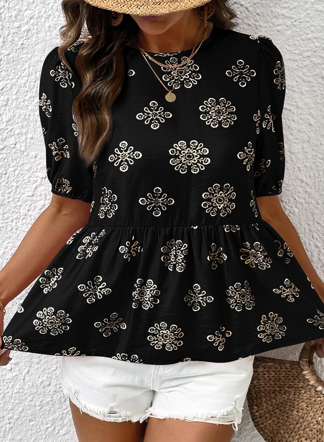 BLENCOT Women's Babydoll Peplum Tops Boho Puff Short Sleeve Bowknot Back Shirts Cute Summer Blouses - Image 3