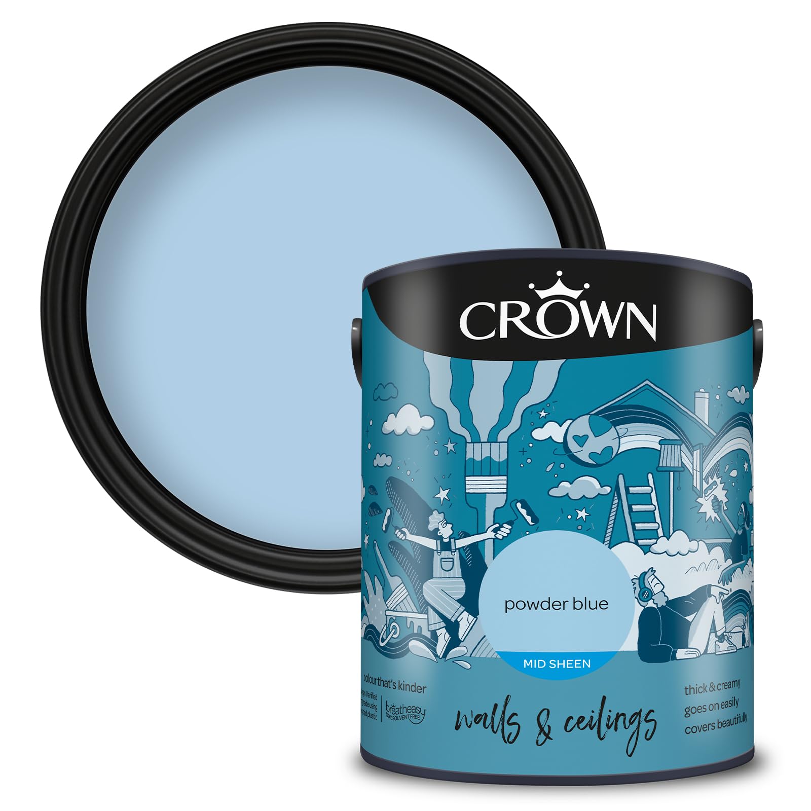 Crown Walls & Ceilings Powder Blue Mid Sheen Emulsion Paint 5L