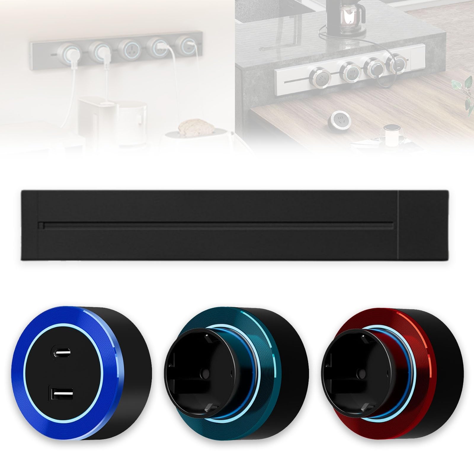 Toma de Corriente de 8000W con Riel Deslizante, Puertos USB y Tipo C, Enchufe de Pared con Interruptores para Cocina y Oficina, Adaptador de 2500 W(Negro,40cm)