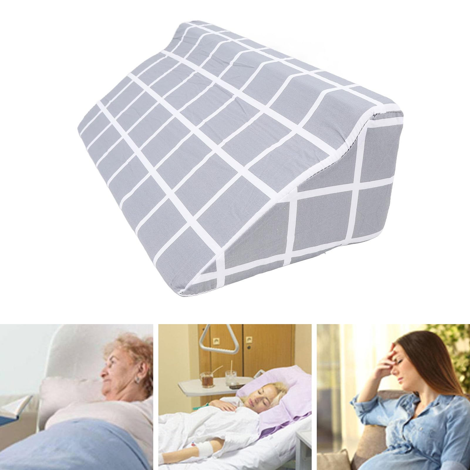 Body Positioning Wedge Pillow, High Density Foam Bed Wedge Pillow Triangle Shaped Concealed Zipper for Long Term Bedridden Patients Seniors Pregnant Women Grey Plaid