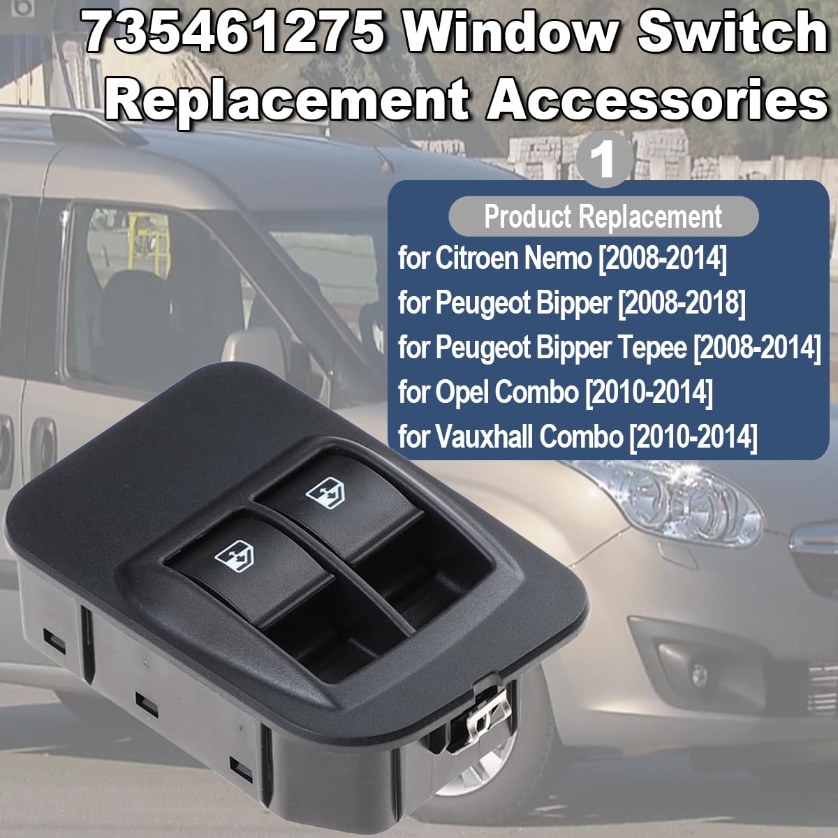 ZAMDOE 6490.G8 Interrupteur de Commande de Fenetre pour Fiat Doblo Fiorino Qubo pour Citroën Nemo pour Peugeot Bipper pour Opel Combo Bouton de régulateur de vitre 735461275 8 Broches