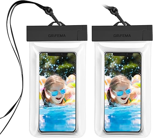 GRIFEMA Funda impermeable para teléfono, paquete de 2 fundas impermeables para teléfono IPX8, transparente, para pantalla de natación, bolsa de