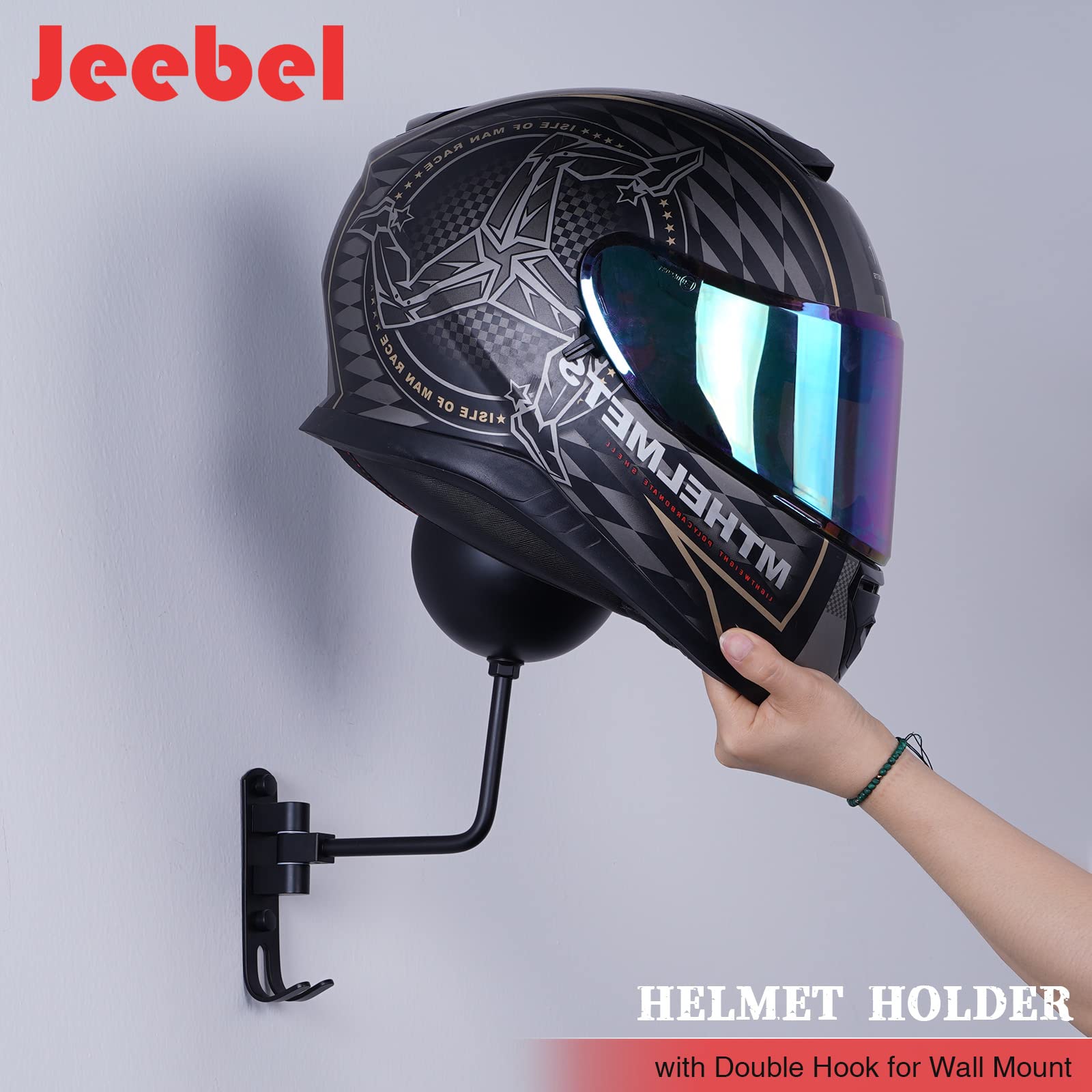 Jeebel Porta Casco Moto da Parete, Portacasco Muro Con Rotazione 180° e Gancio Doppio per Stoccaggio Esposizione di Caschi da Moto Bicicletta Baseball, Cappotti, Berretti