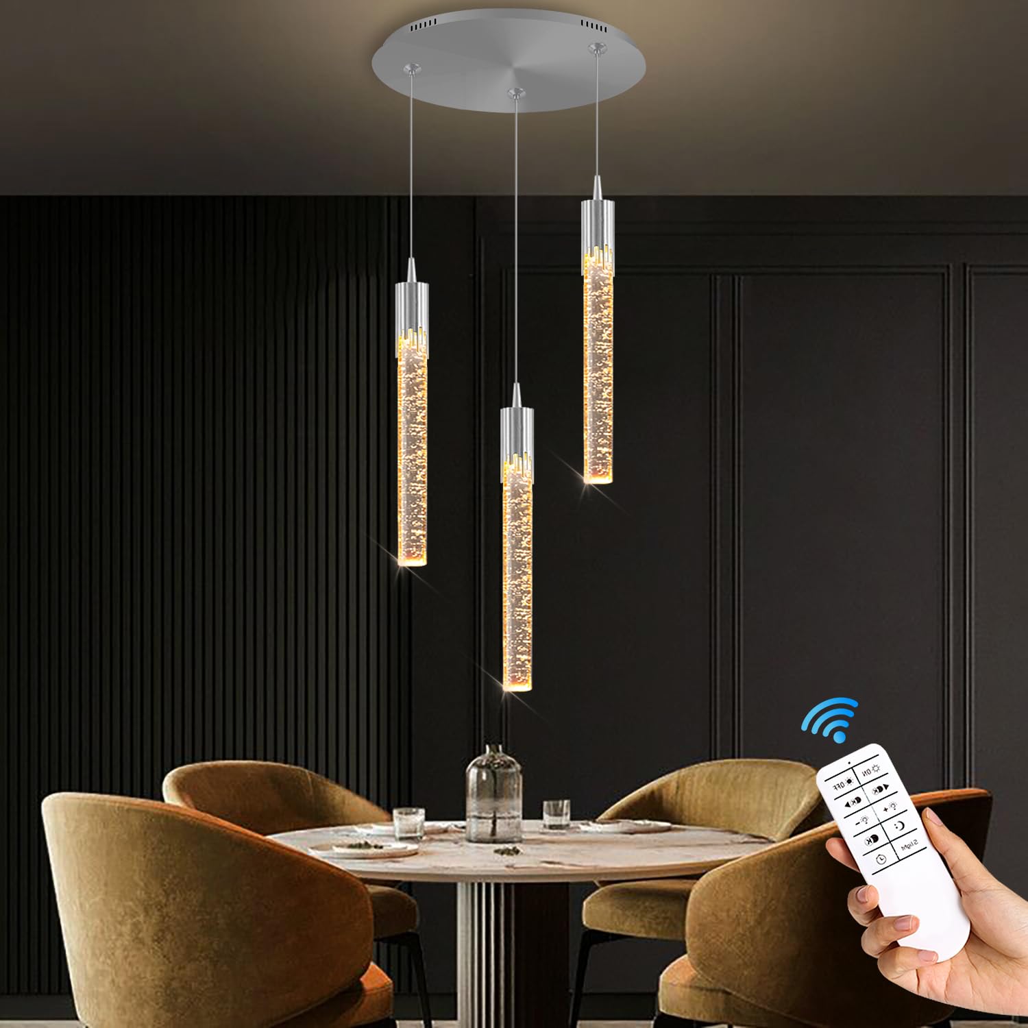 Lámpara de araña LED Mini de Cristal Moderna - Lámpara Colgante Ajustable de 3 Luces para Isla de Cocina, Comedor, Dormitorio, Regulable 2700K-6000K, Acabado Cromado