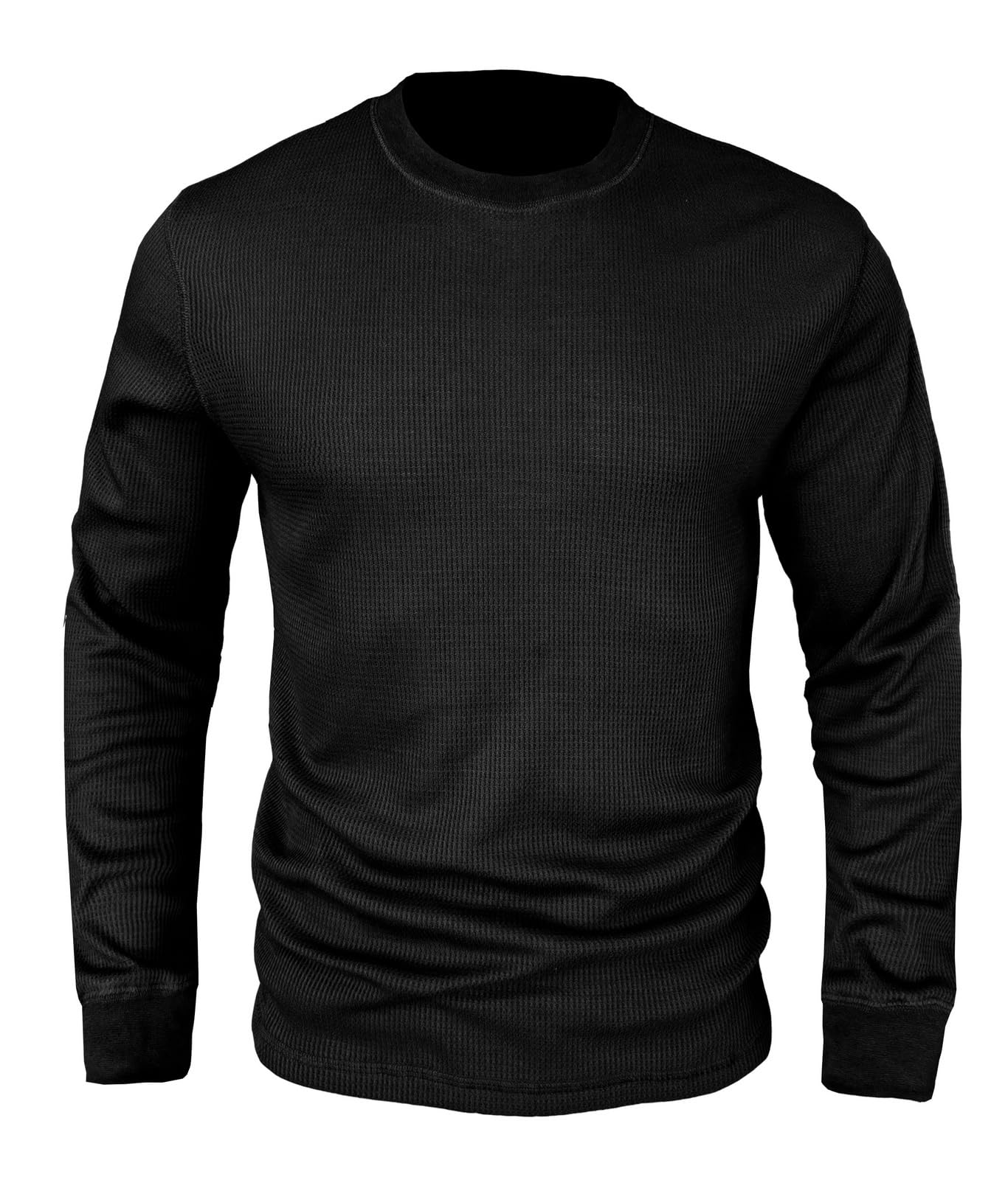 Men's Long Sleeve Waffle Pullover Thermal Shirt Crew Neck Top Underwear Basic Casual T Shirt Black