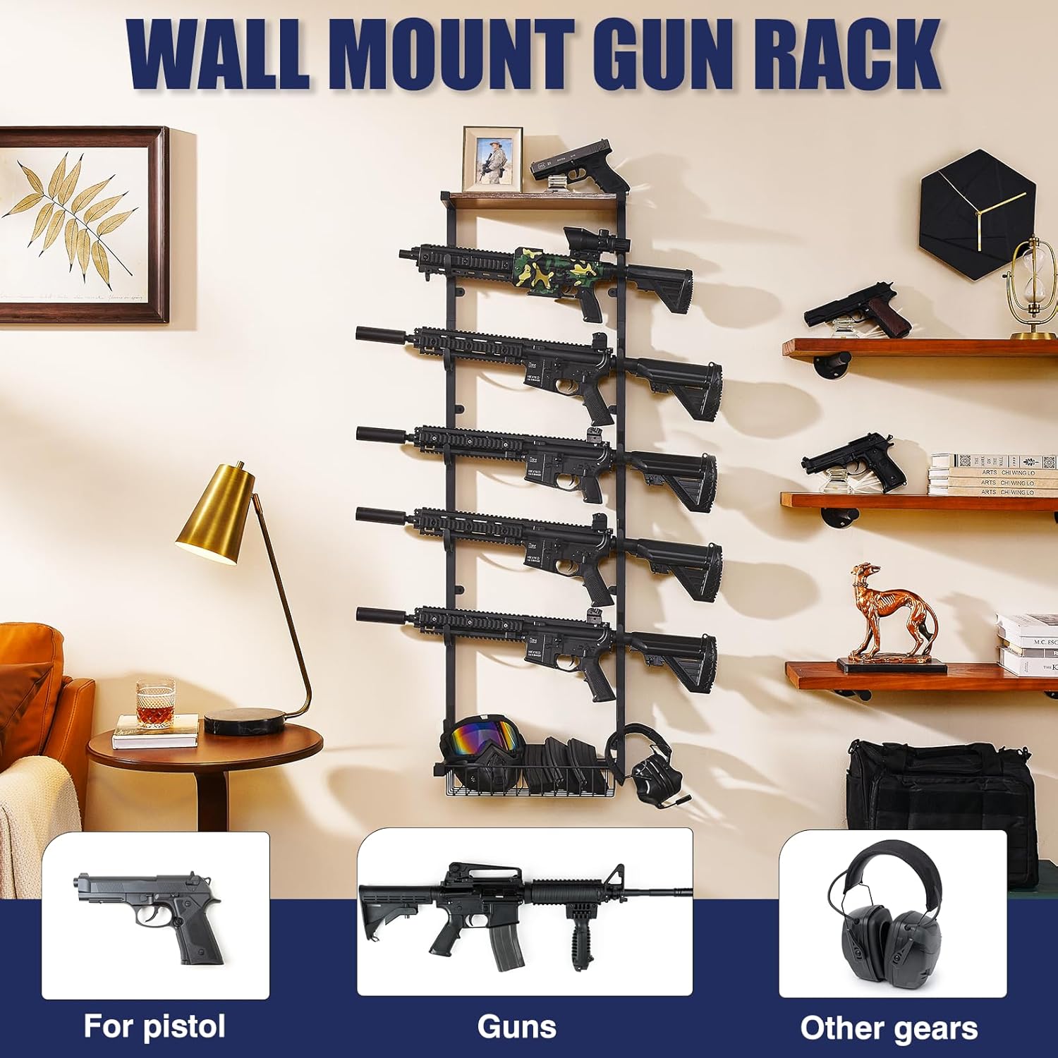 Poyilooo Gun Rack Wall Mount, 6 Gun Rack for Wall with Storage Basket, Rifle Racks Wall Mount Gun Display for Hunting Rifle Airsoft Gun Holder, Black (L- 6 Hooks)