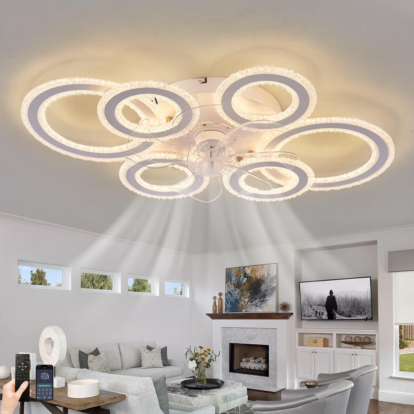 SXDMOUBK 29.9in Large Ceiling Fan with Light LED Dimmable Memory Function Ceiling Fan Lights with Remote Control 6 Speed Reversible Timer Quiet Ceiling Fan Lights Creative-White