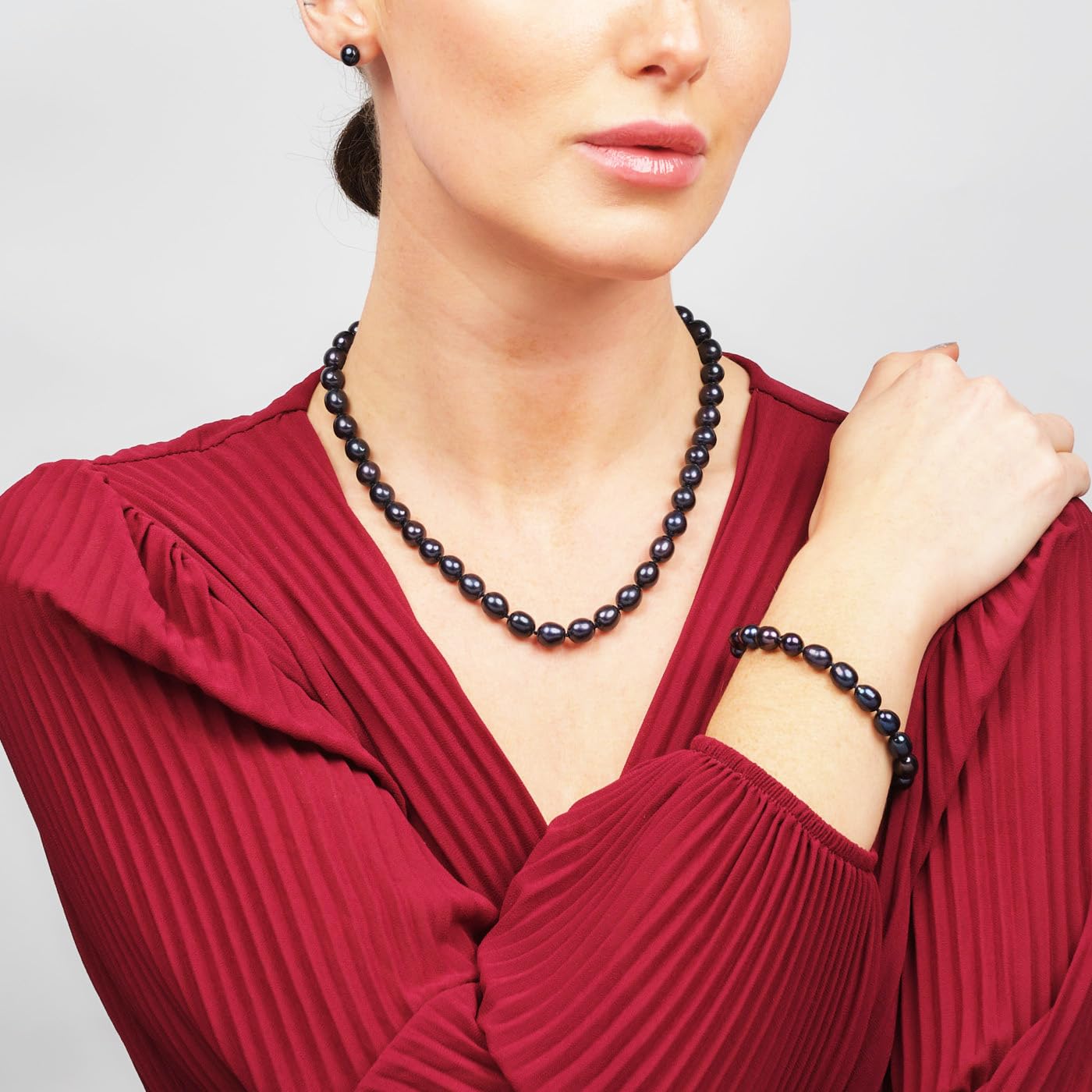 Treasure Bay FAB Elegantes Schmuckset mit Halskette, Armband und Ohrringen, Reisform, Süßwasserperlen, 7–8 mm, für Damen und Mädchen, Silber, Perle
