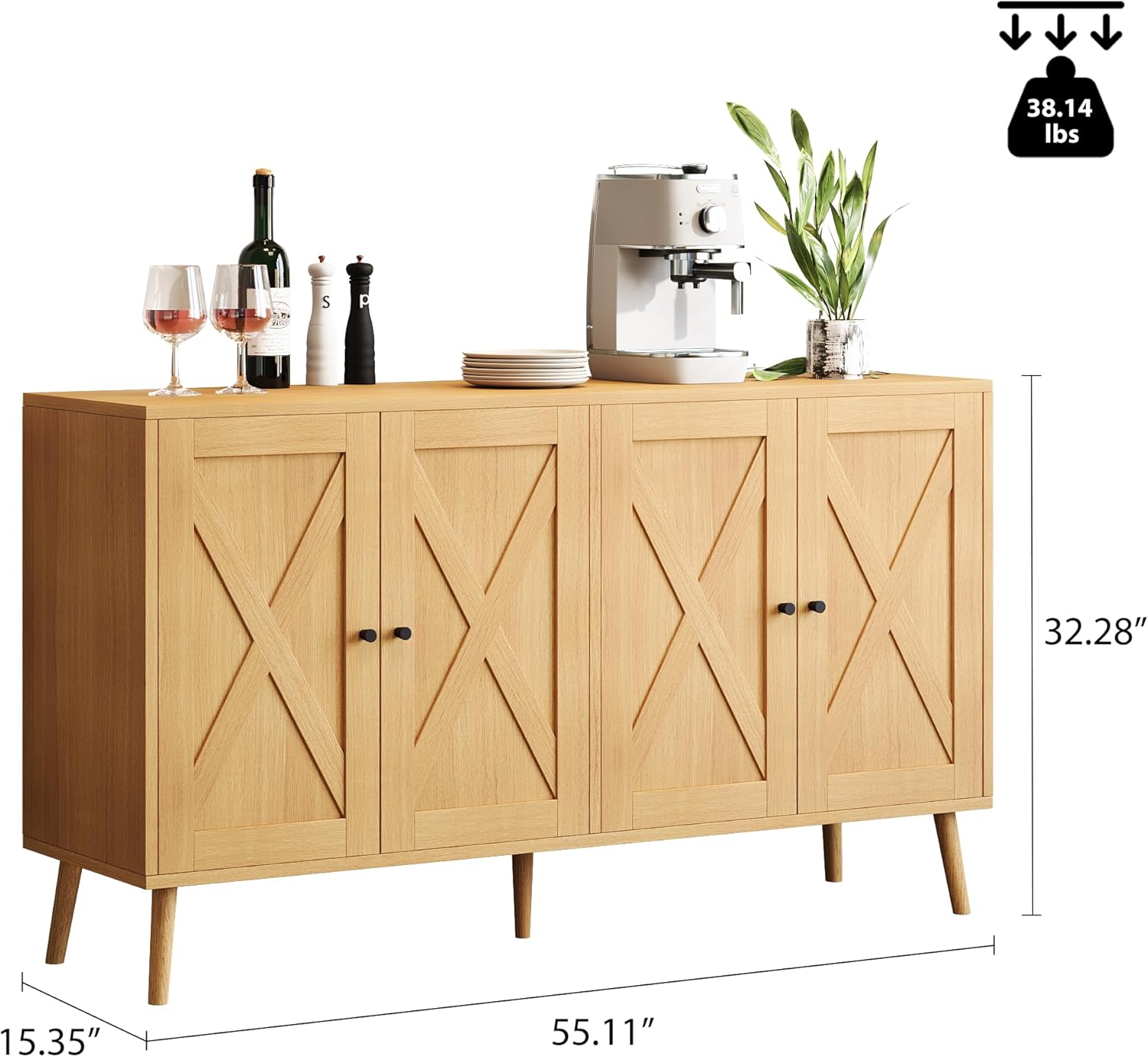Farmhouse Sideboard Buffet Cabinet - Large Kitchen Storage with 4 Doors, Modern Wood Coffee Bar Cabinet for Living Room & Dining Room