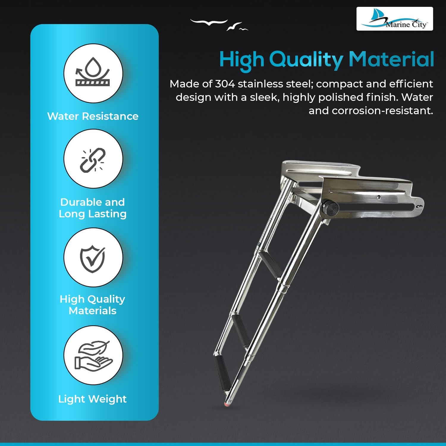MARINE CITY 304 Stainless Steel Telescoping 3 Step Under Slide Boarding Boat Ladder with Swim Platform Mount - Swiveling, Flips Up - Ideal for Marines, Boats, Yachts, and Pontoons